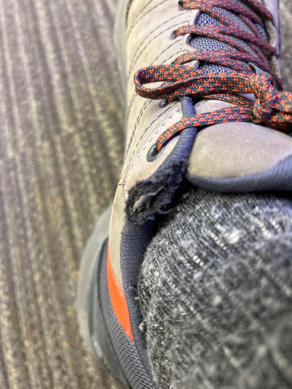 Close-up showing durability issues with Oboz Sypes shoe separation at toe area