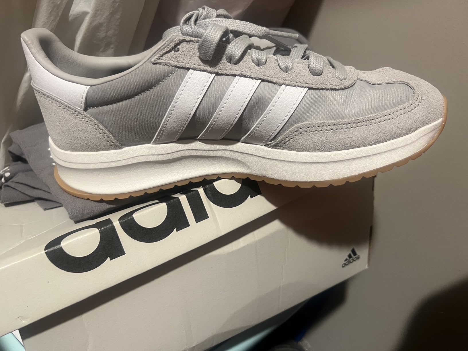 Adidas Women's Run 72 Sneaker gray colorway showing retro design and classic three stripes