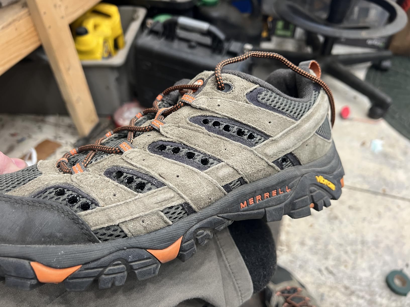 Merrell Men's Moab 2 Vent Hiking Shoe walnut brown colorway showing suede leather upper and Vibram sole