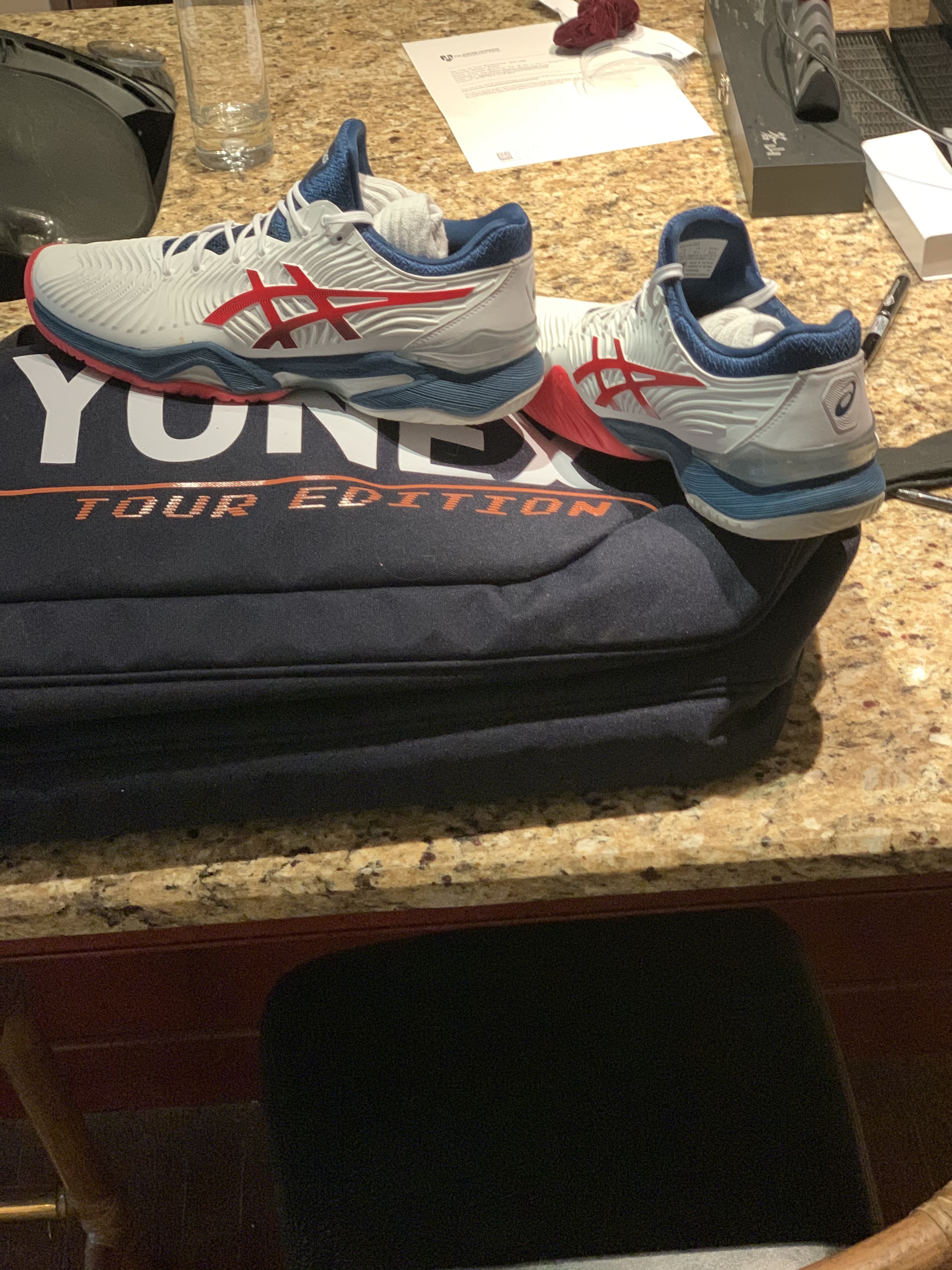 ASICS Men's Court FlyteFoam 2 Tennis Shoes White Mako Blue colorway