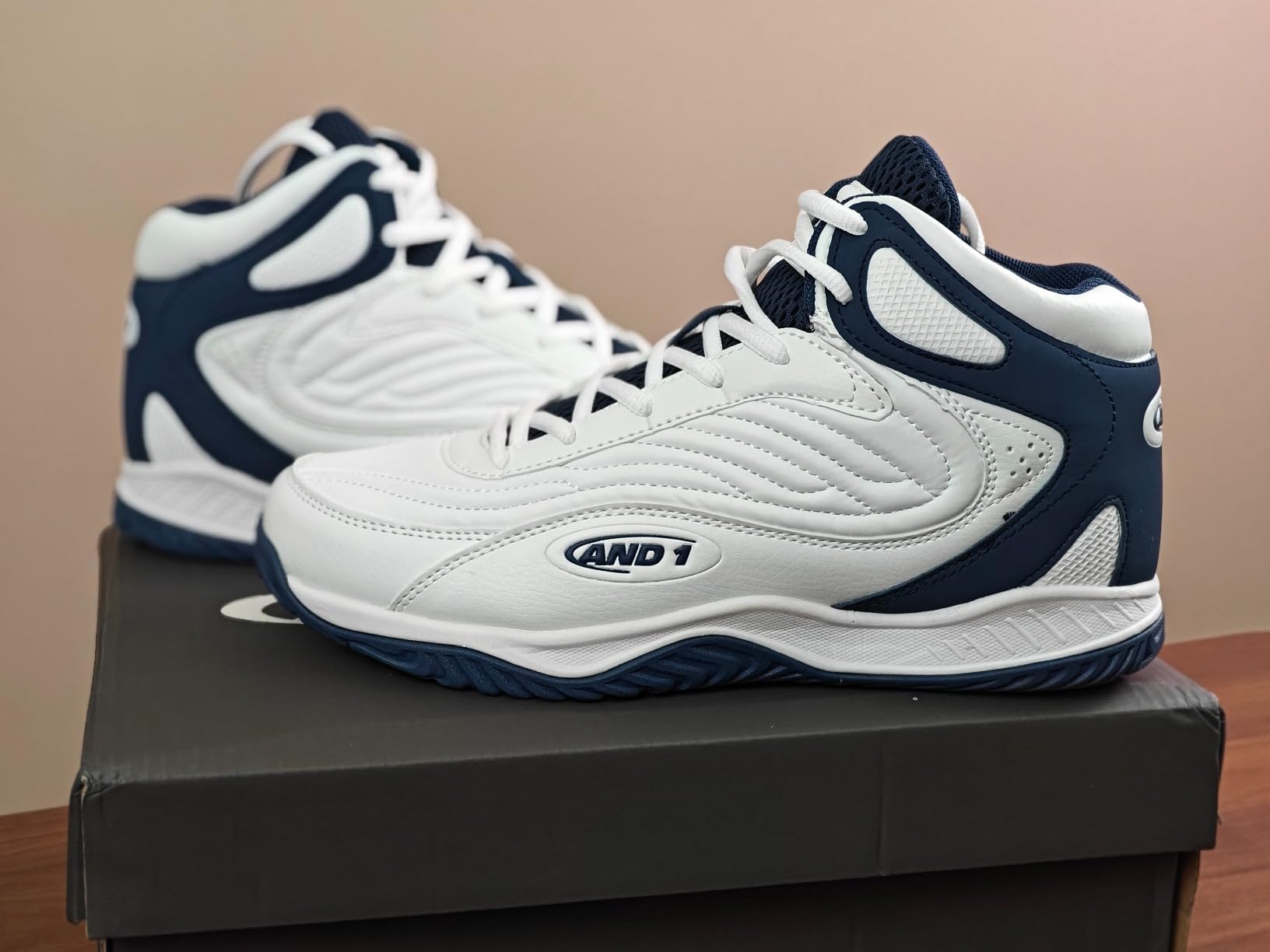 AND1 Pulse 3.0 Basketball Shoes white and navy colorway showing high-top design and court-ready styling