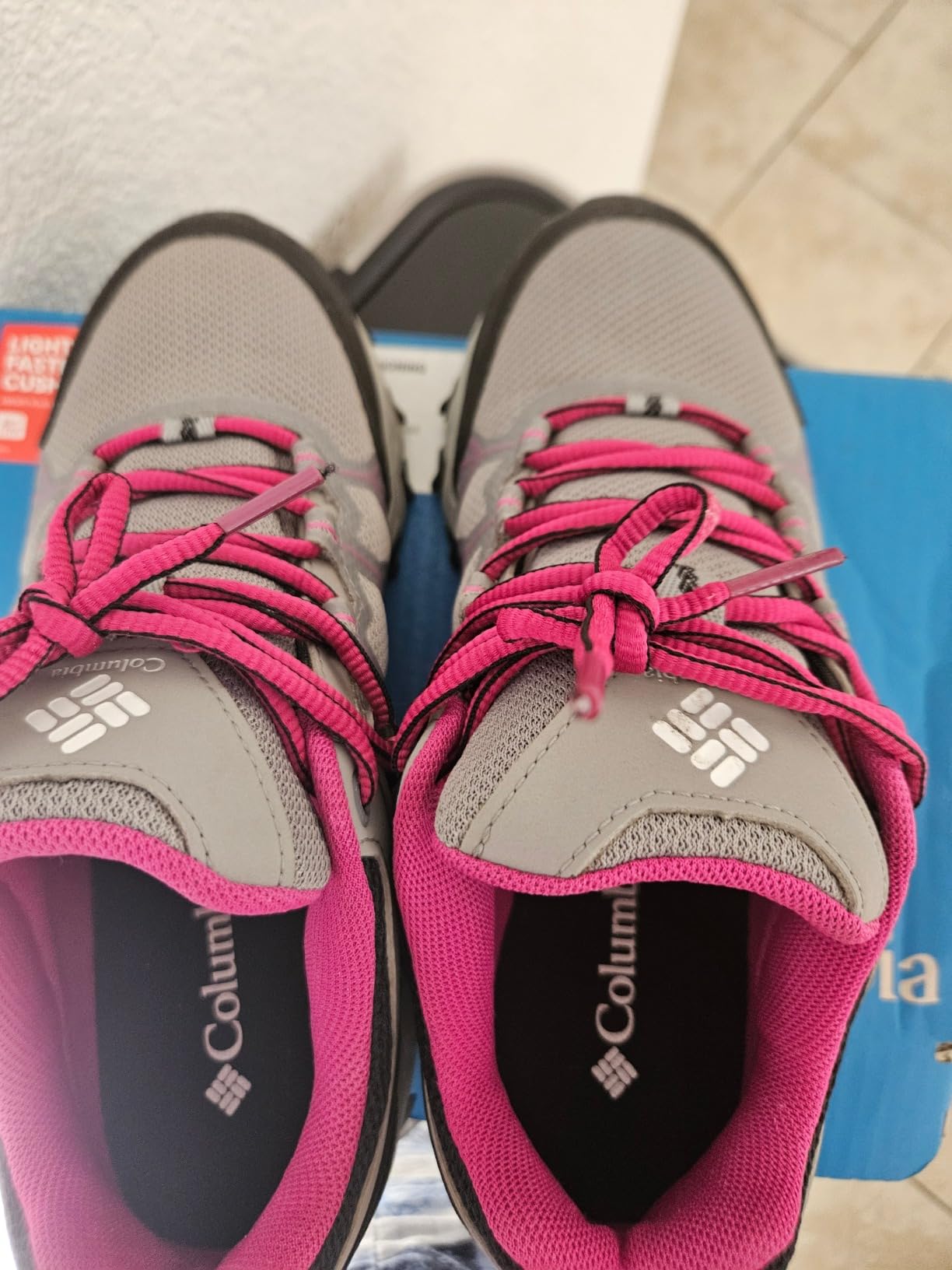 Detailed view of Columbia Peakfreak II Outdry showing mesh construction and pink accent details