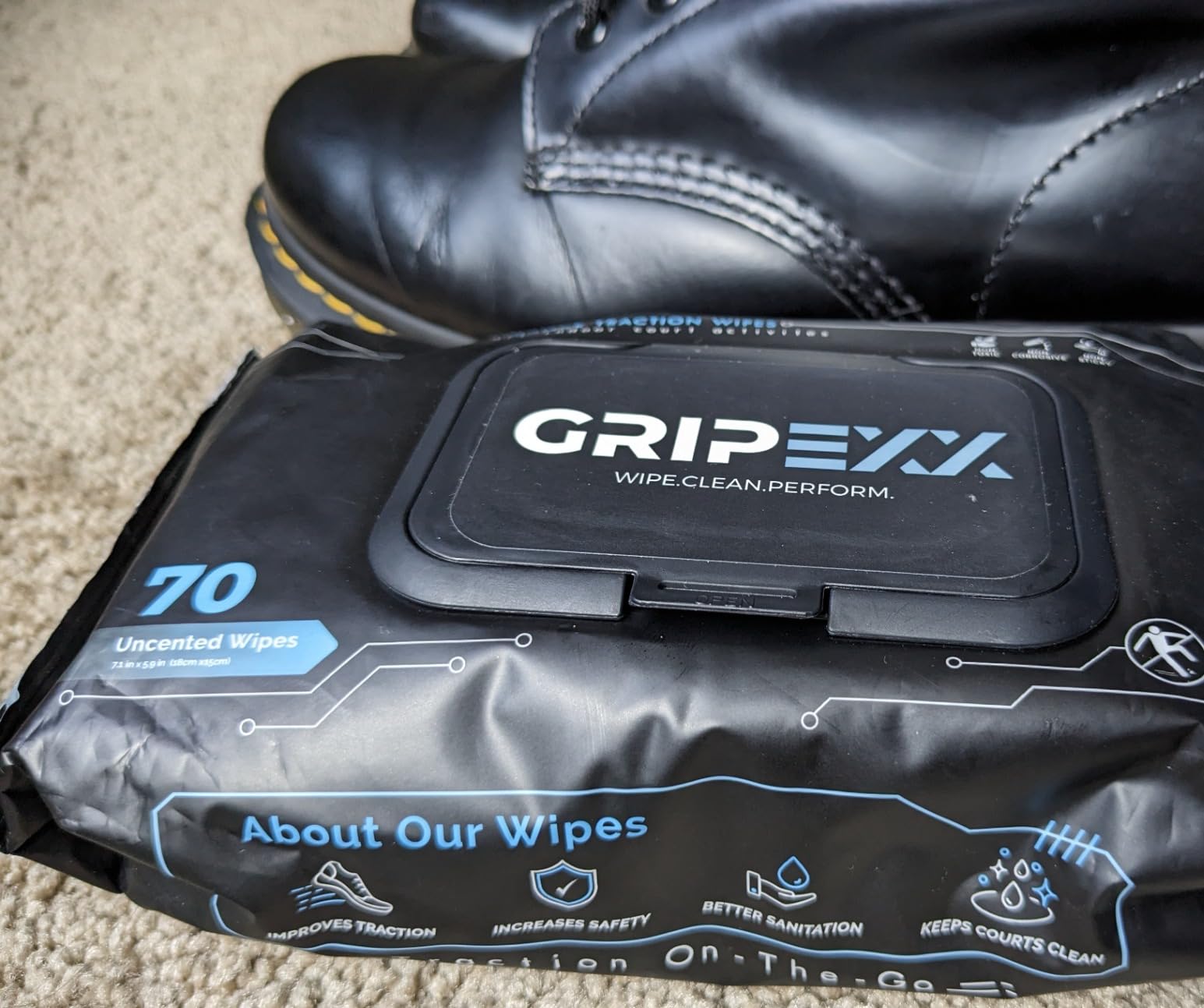 GRIPEXX shoe cleaning wipes package showing basketball and sneaker cleaning application