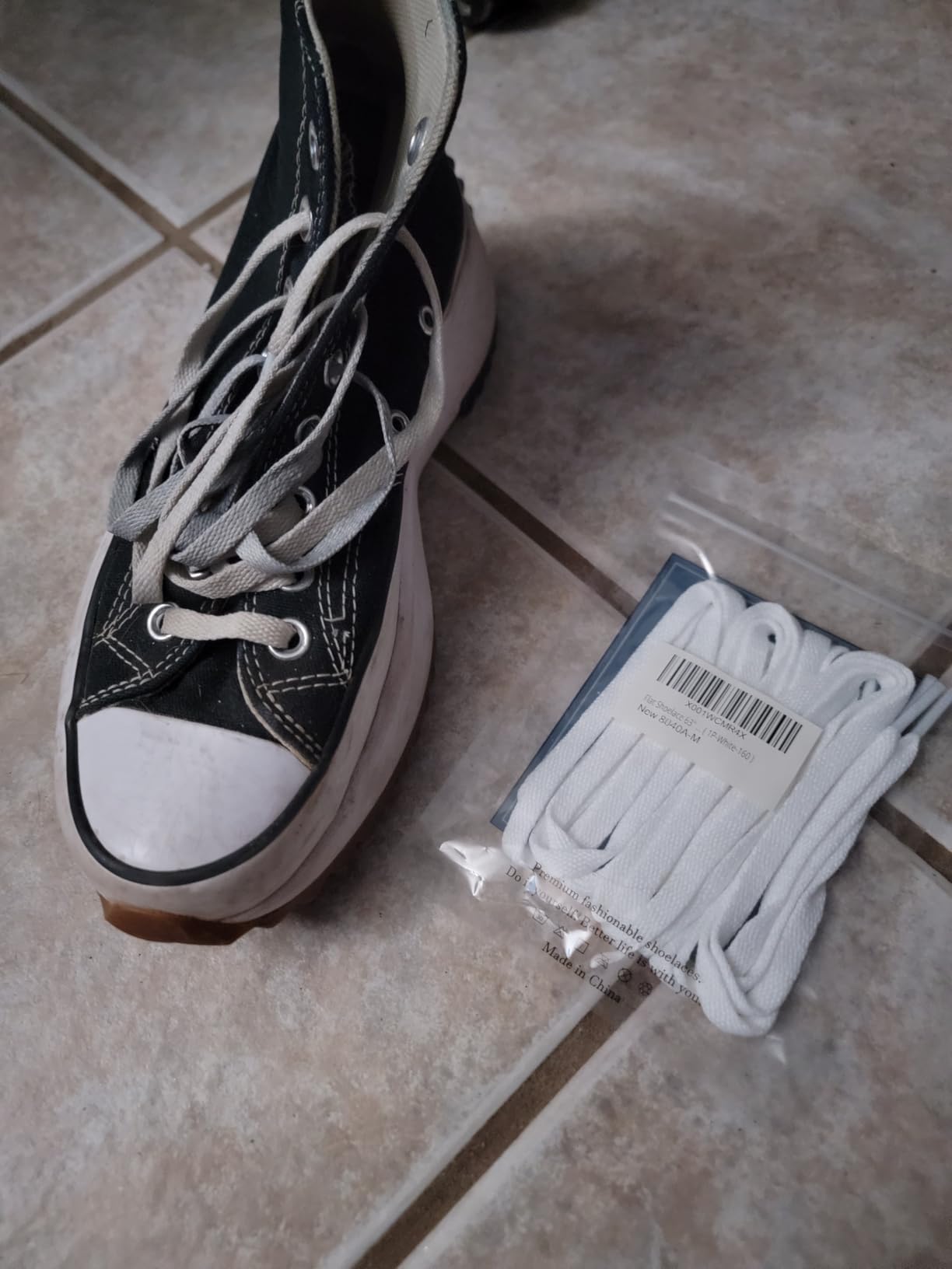 VSUDO laces package and installed laces on Converse sneakers showing before and after transformation