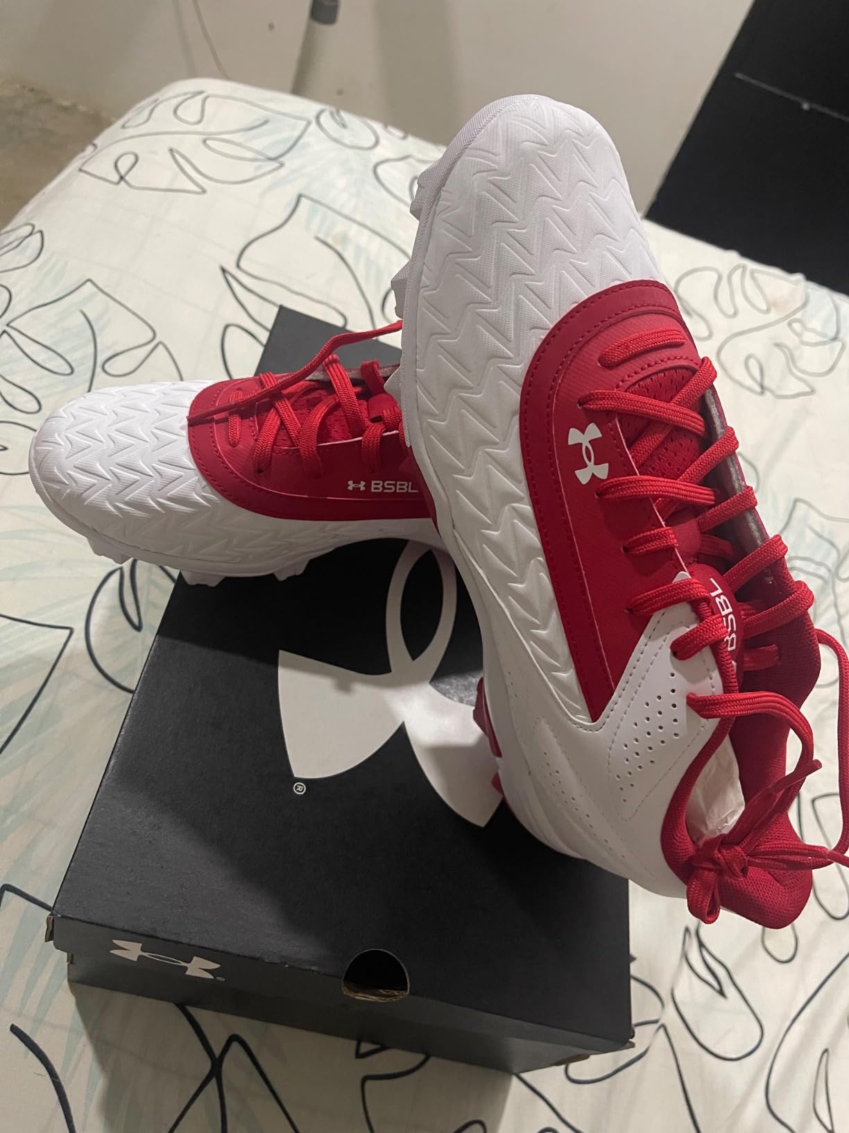 Under Armour Leadoff Low RM 3.0 showing wear patterns on toe area and outsole after extended game use