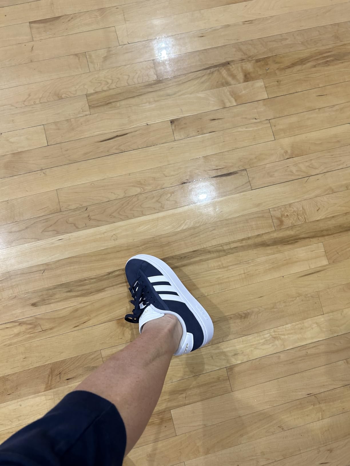 Adidas Grand Court Alpha mens sneakers blue colorway showing classic three stripes court styling