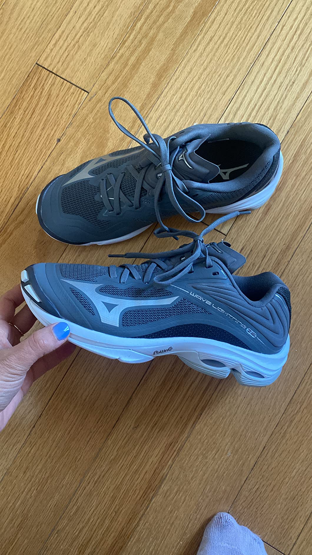 Mizuno Women's Wave Lightning Z6 volleyball shoe grey colorway showing lightweight mesh design and low-top profile