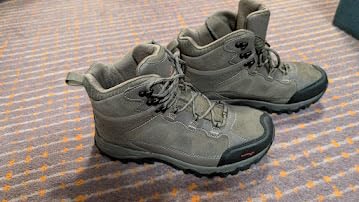 NORTIV 8 hiking boots close-up showing suede leather construction and protective rubber toe cap