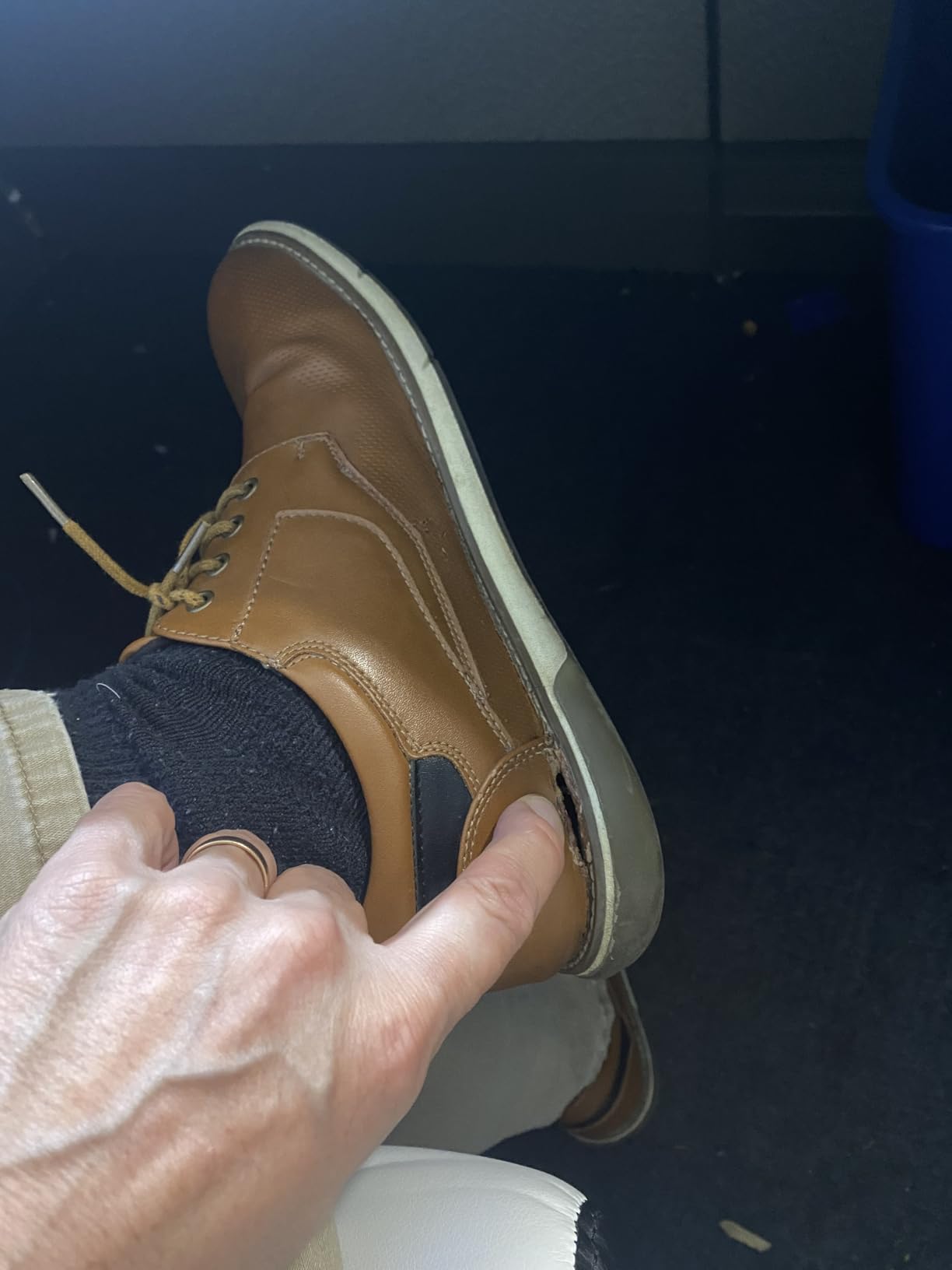 Bruno Marc Oxford showing early sole separation at heel junction after extended use