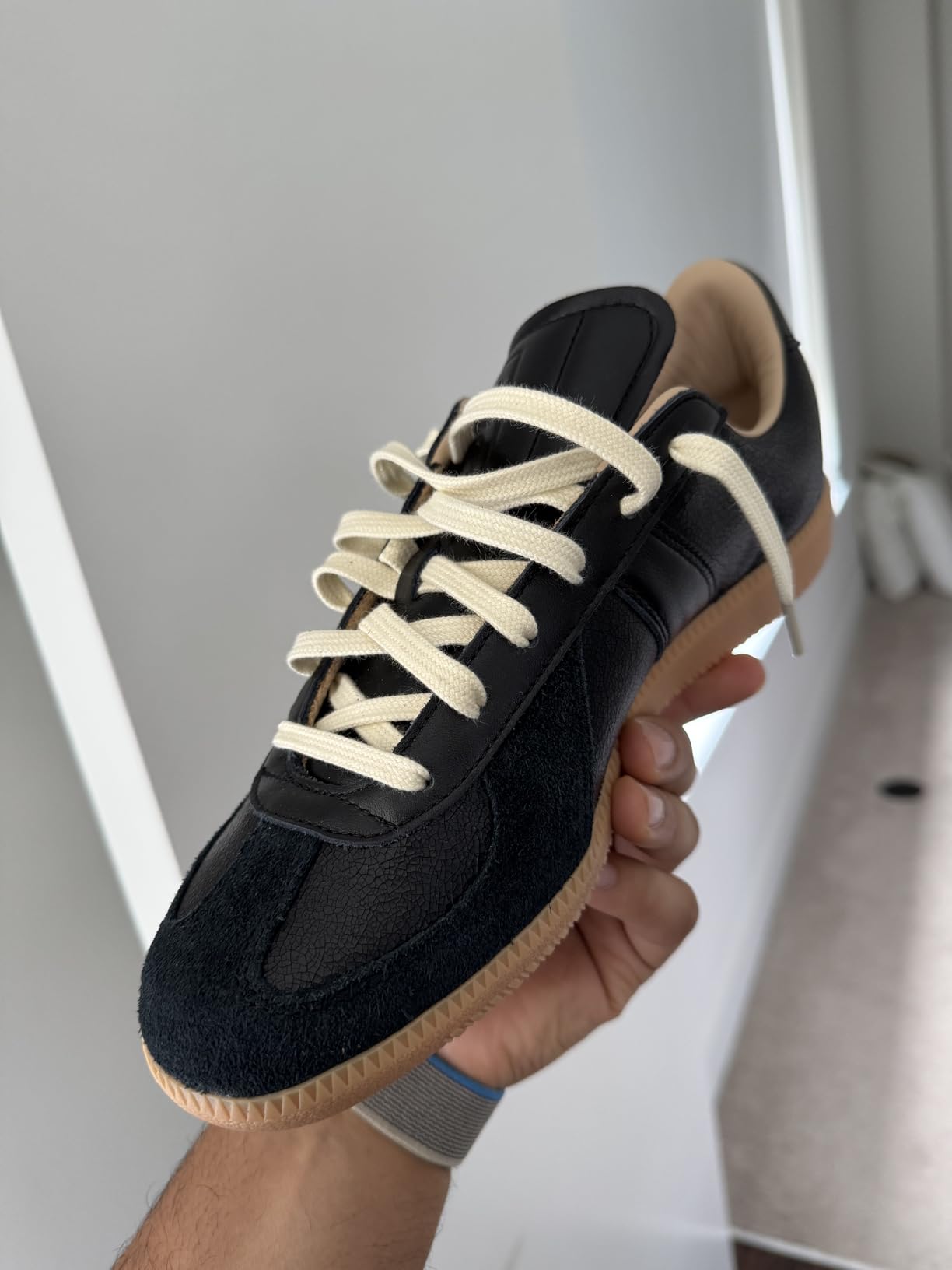 Handshop shoelaces on Adidas BW Army sneakers after outdoor use and machine washing showing color retention