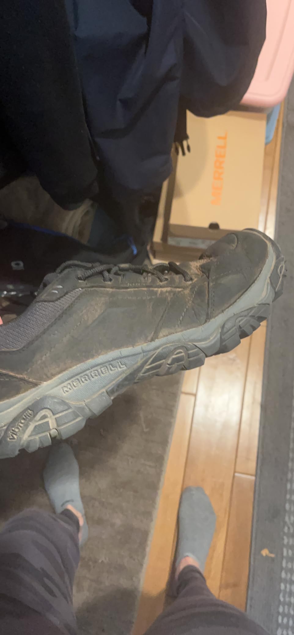 Merrell Men's Moab Adventure Lace hiking shoes in black showing full leather upper and Vibram outsole