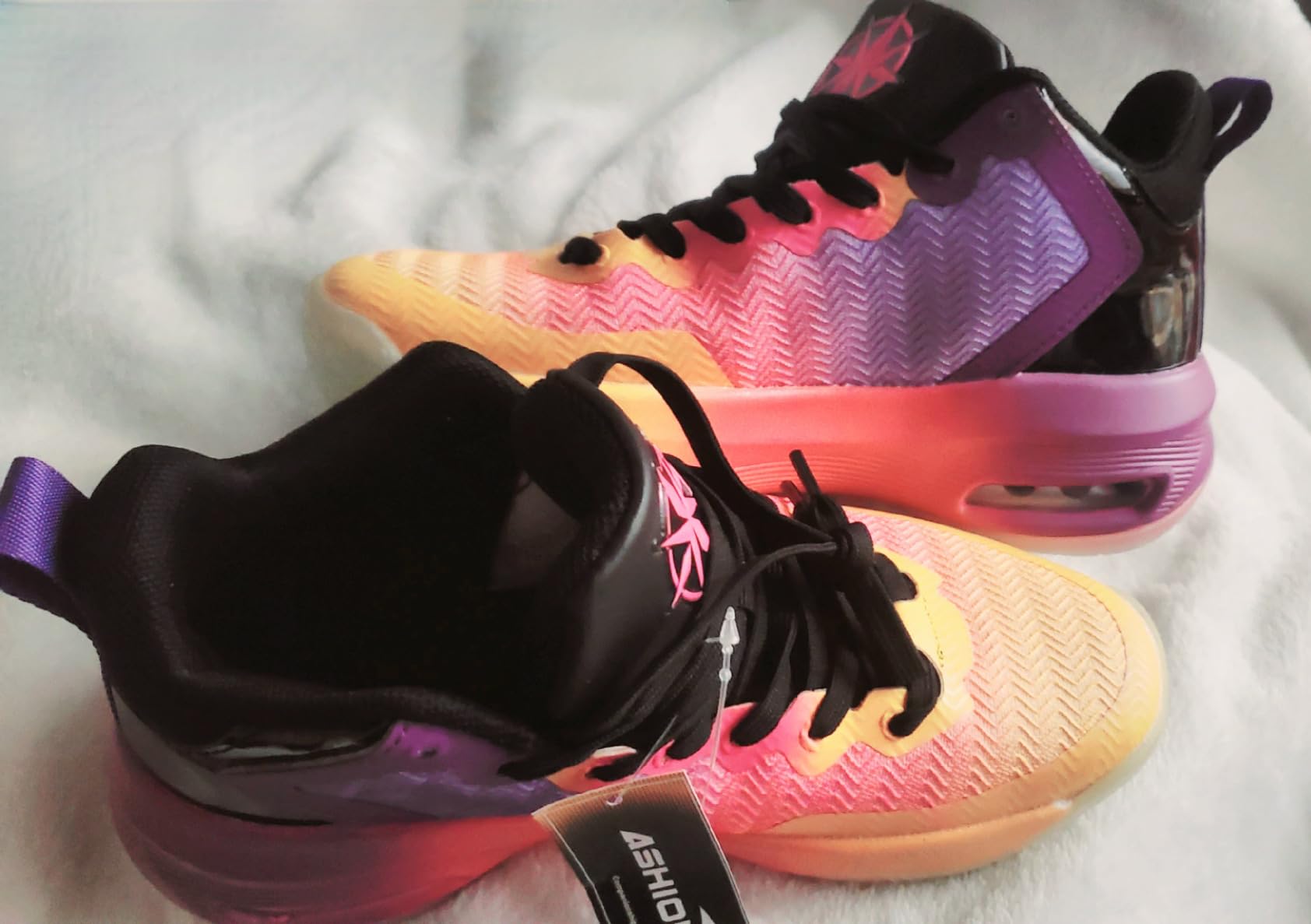 ASHION Kids Basketball Shoes colorful high-top design in purple pink orange gradient showing full silhouette