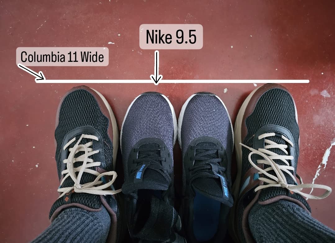 Size comparison showing Columbia Plateau 11.5 Wide alongside Nike 9.5 demonstrating the substantial sizing difference for these hiking shoes