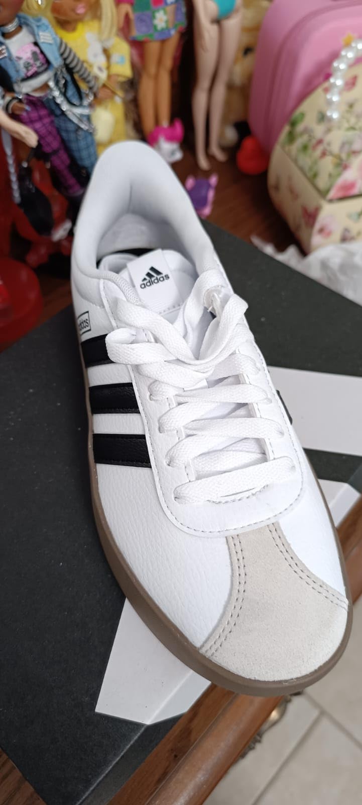 Adidas VL Court 3.0 detailed side view showing suede upper texture and three stripes design