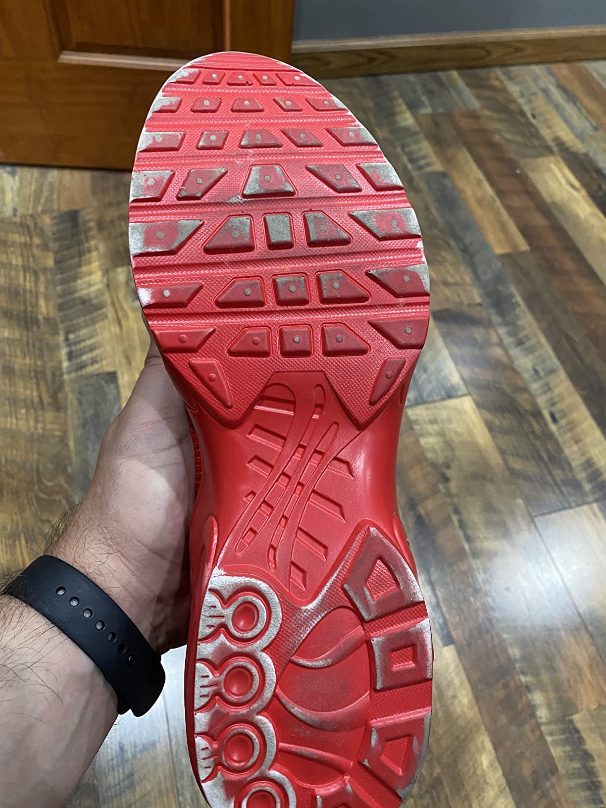 Close-up showing Socviis sole wear patterns after six weeks of regular testing