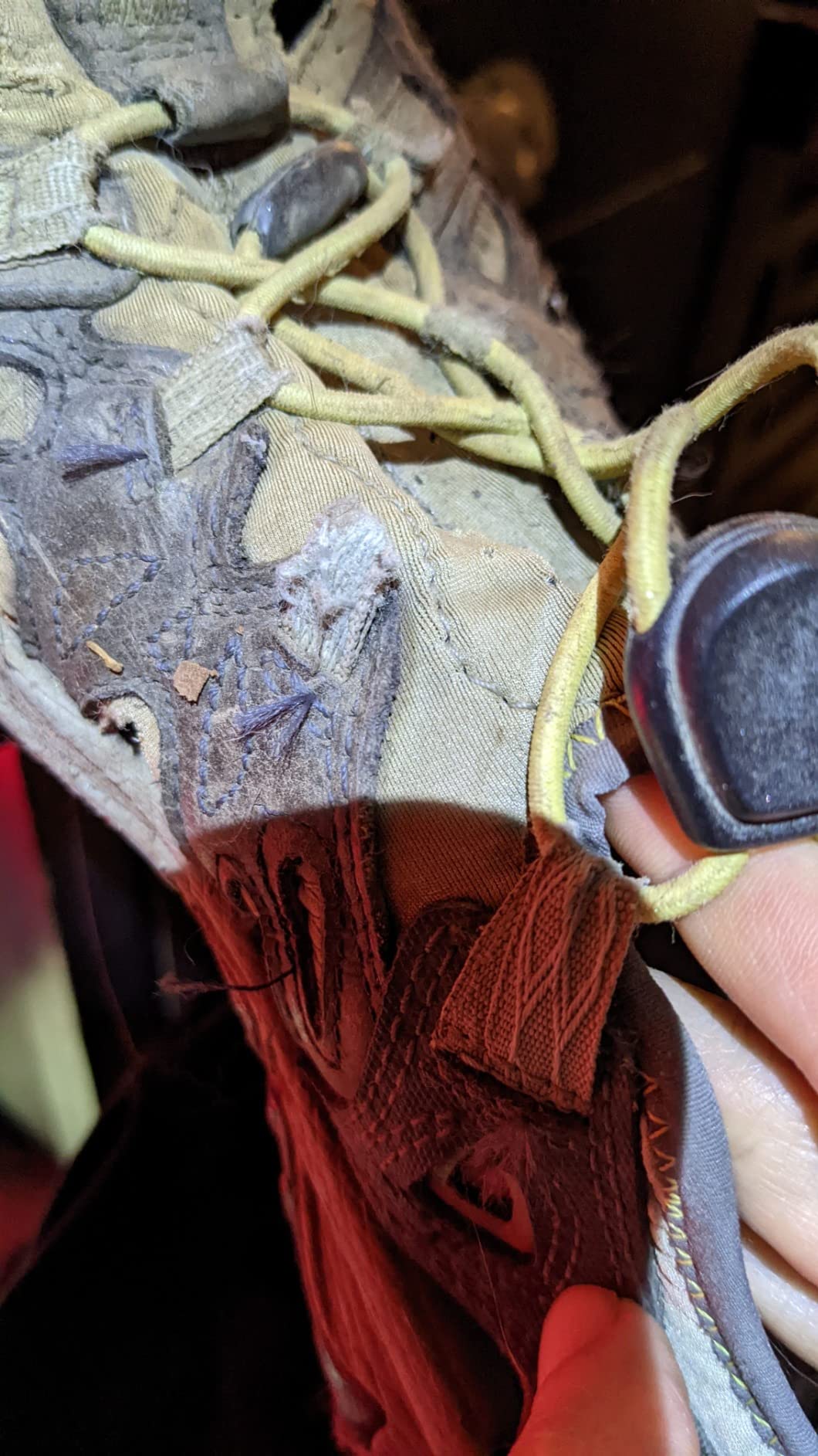 Merrell All Out Blaze Aero Sport after 8 weeks of testing showing wear documentation on mesh upper and Vibram sole