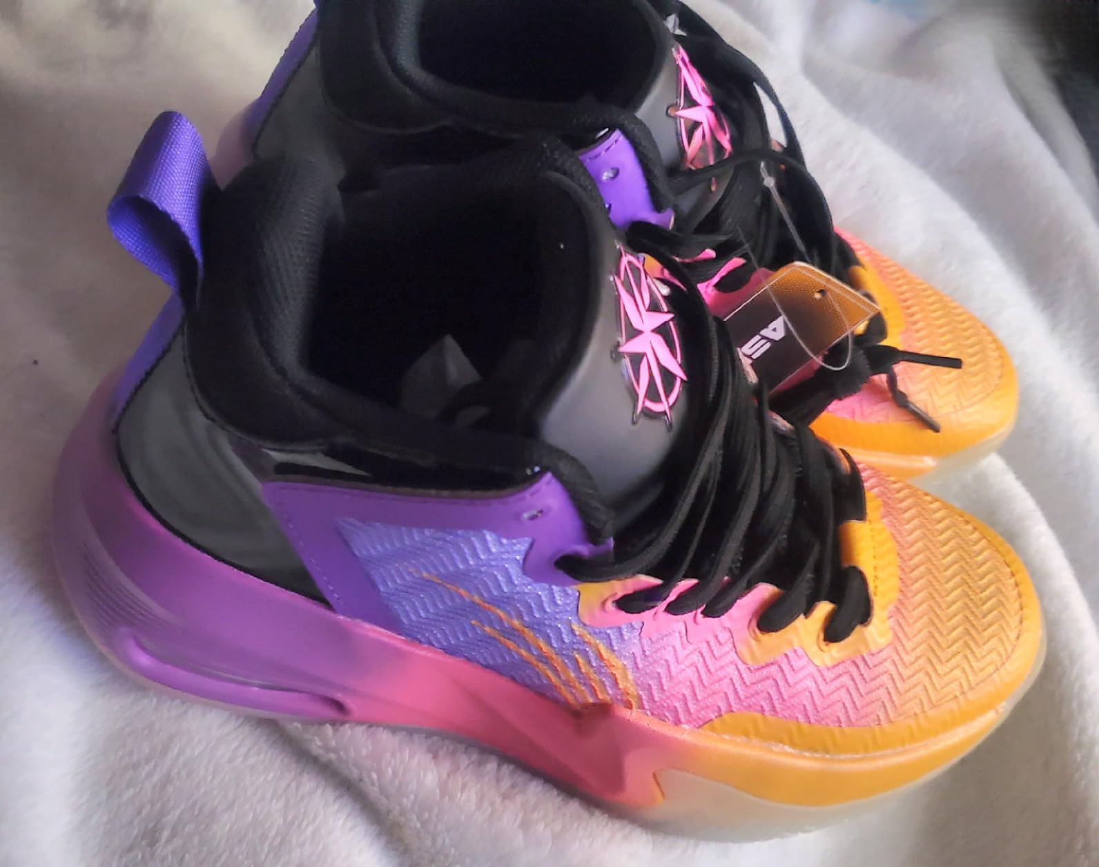 ASHION Basketball Shoes PU upper material detail showing construction quality and gradient color pattern