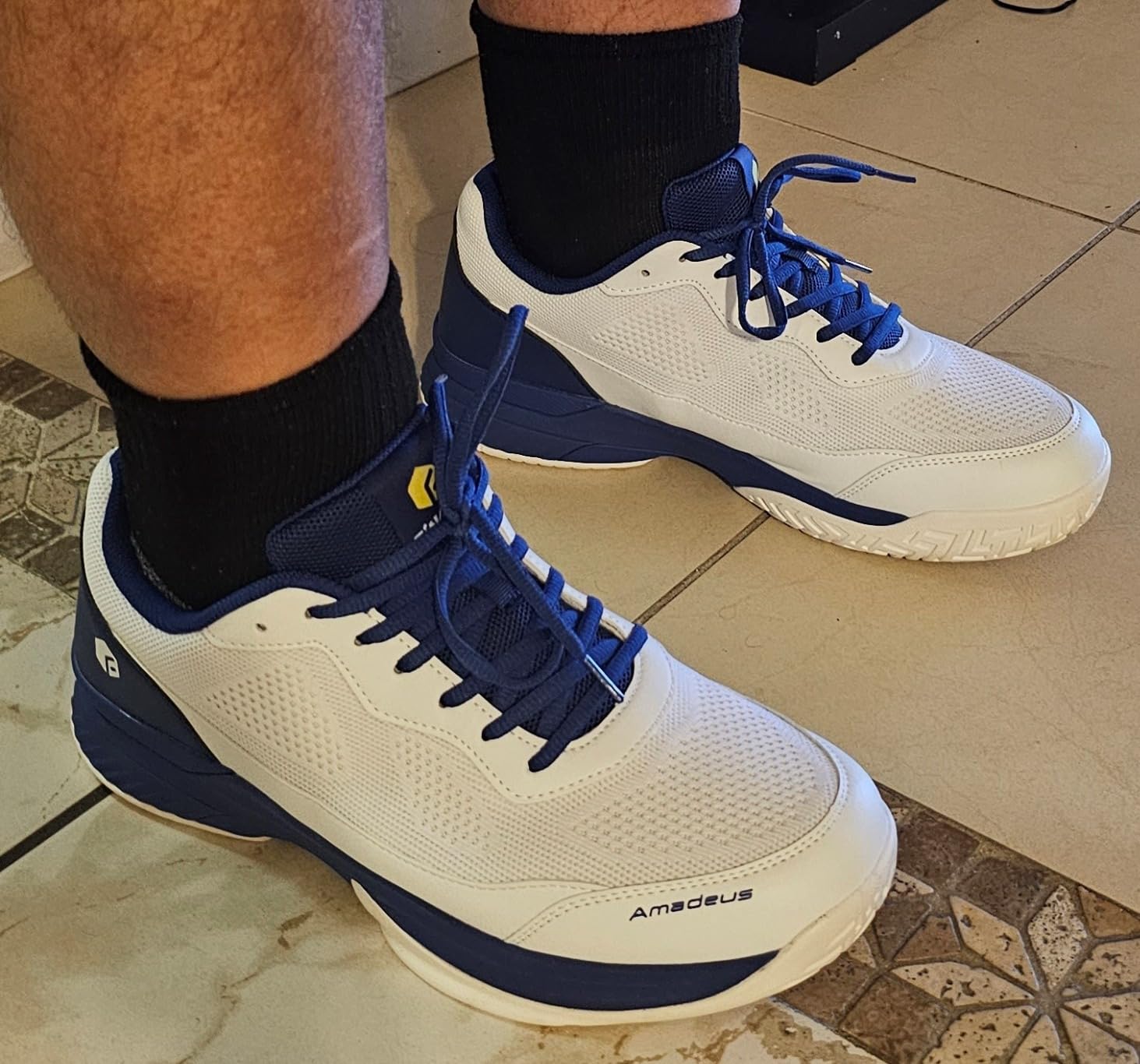 FitVille Wide Pickleball Shoes for Men in white and blue, showing generously wide toe box design