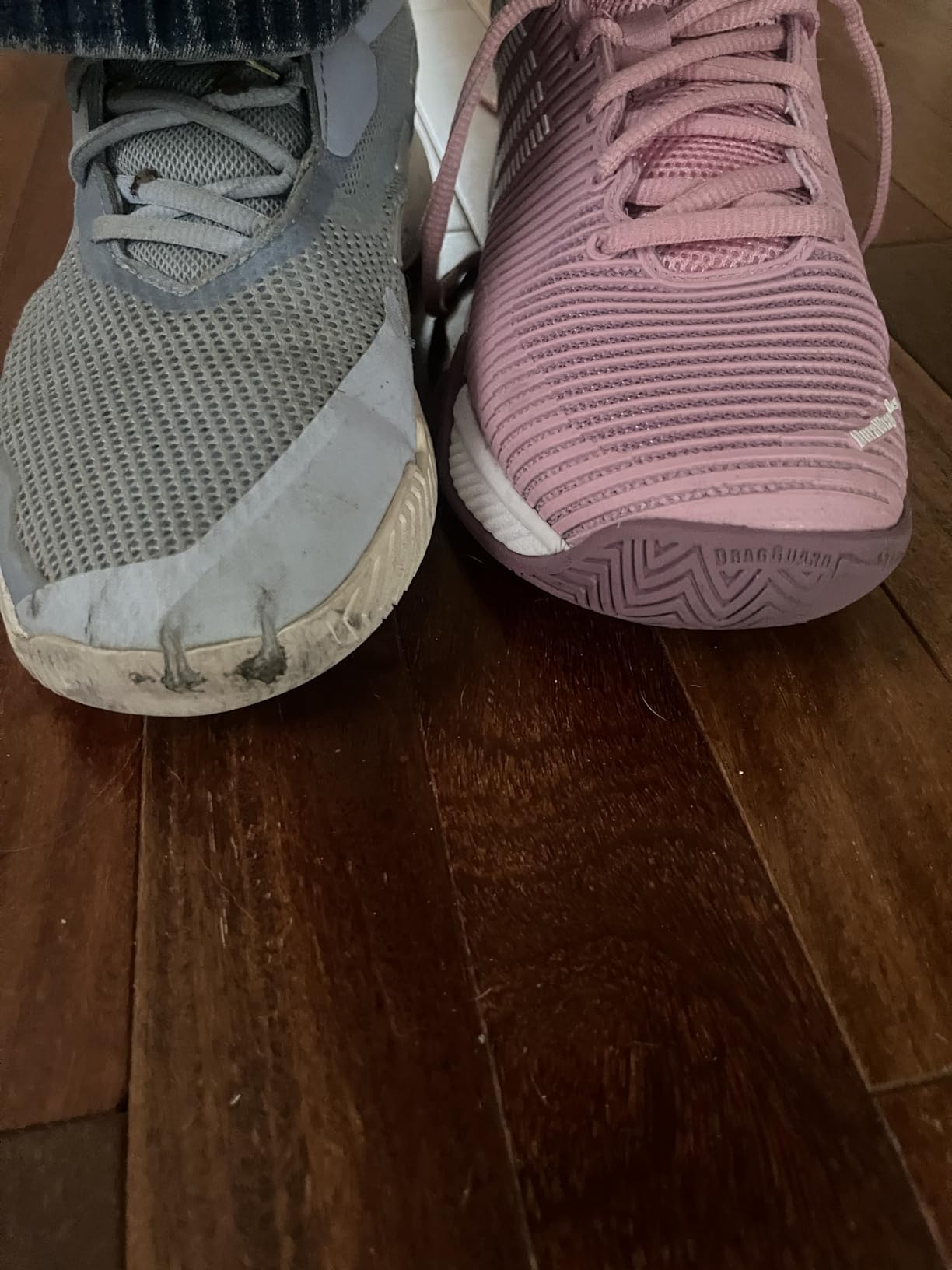 K-Swiss Women's Hypercourt Express 2 showing wear patterns developing at the toe box and lateral forefoot after months of court use