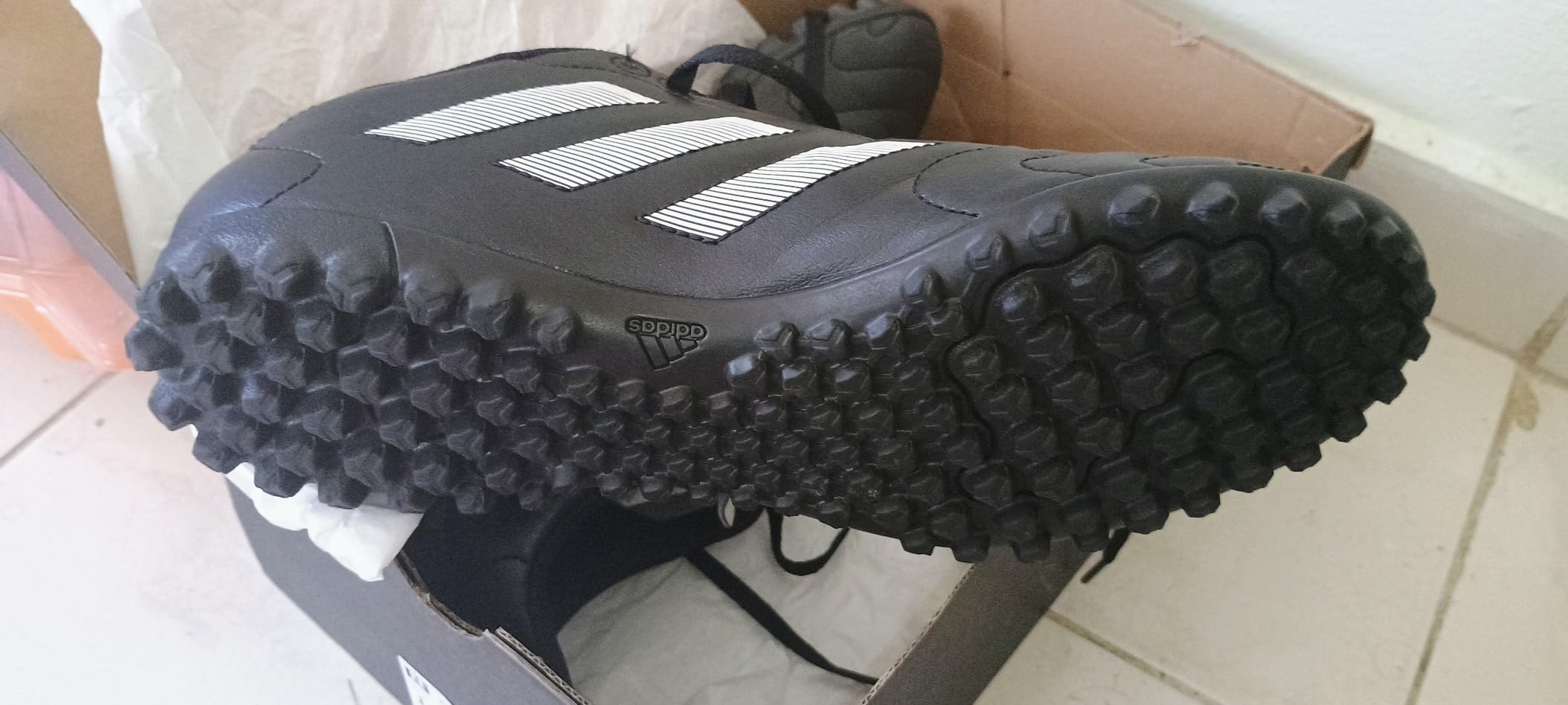 adidas Goletto VIII Turf Soccer Shoe packaging showing product details and recycled content certification