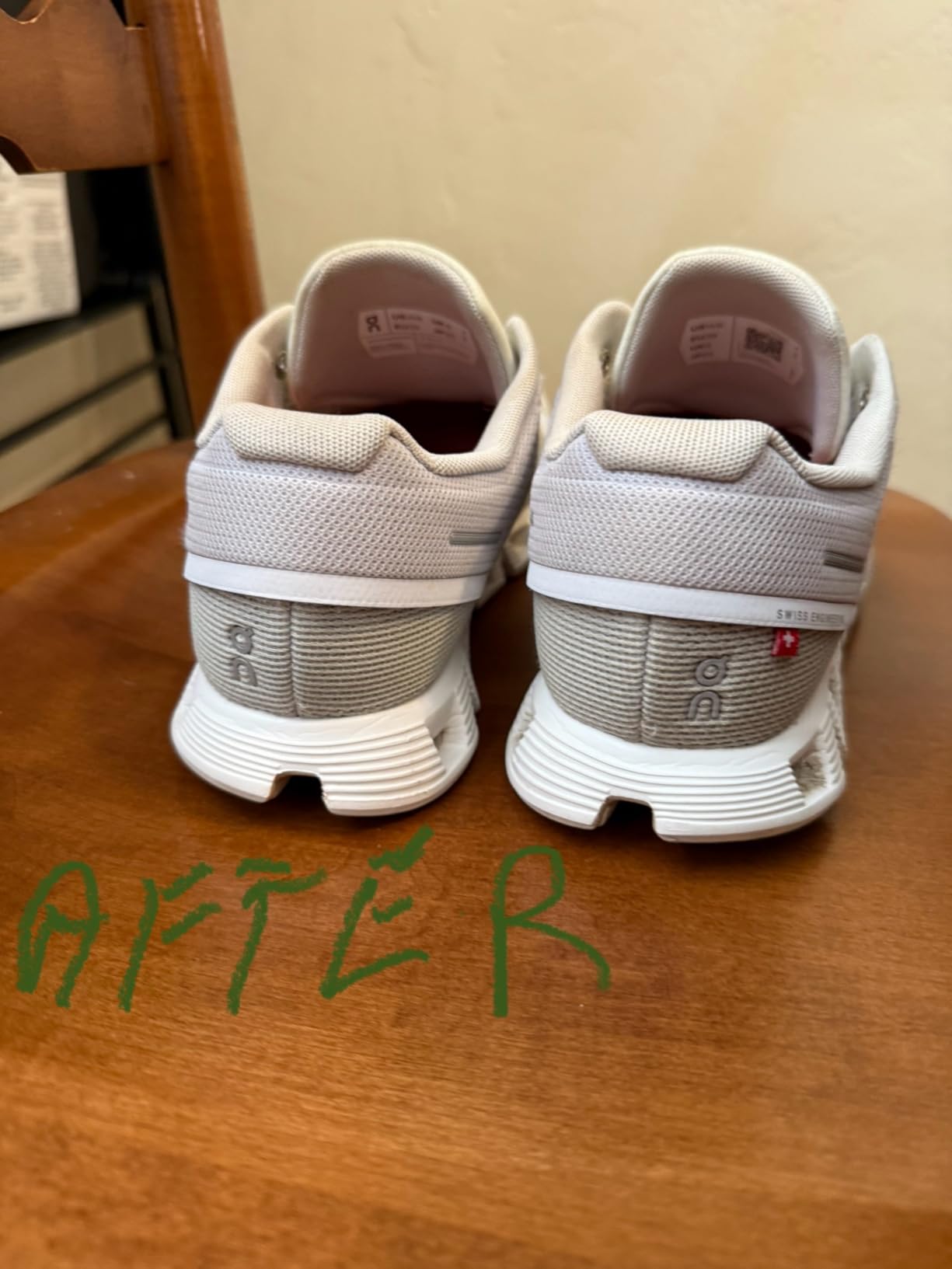 Side-by-side comparison of leather shoe and canvas sneaker before and after cleaning treatment