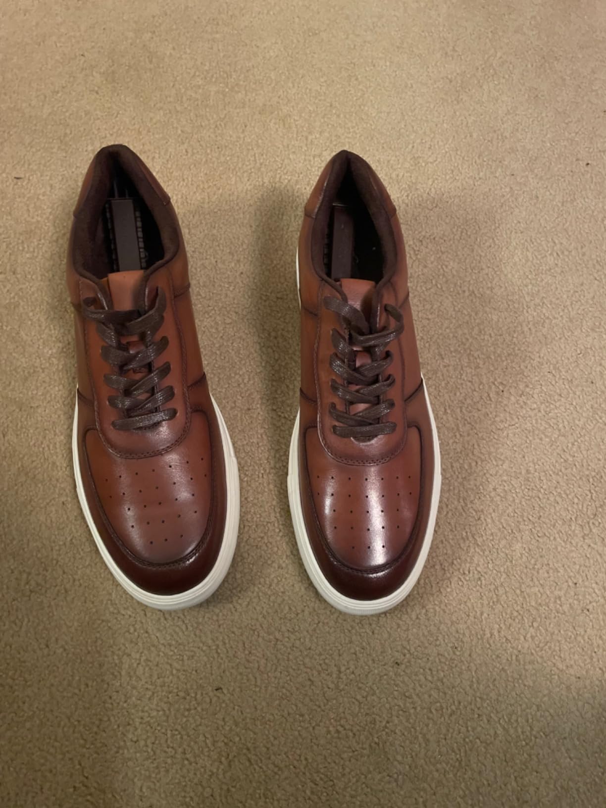 Jousen Men's Fashion Sneakers brown faux leather oxford-style dress sneaker showing white contrasting sole and lace-up design