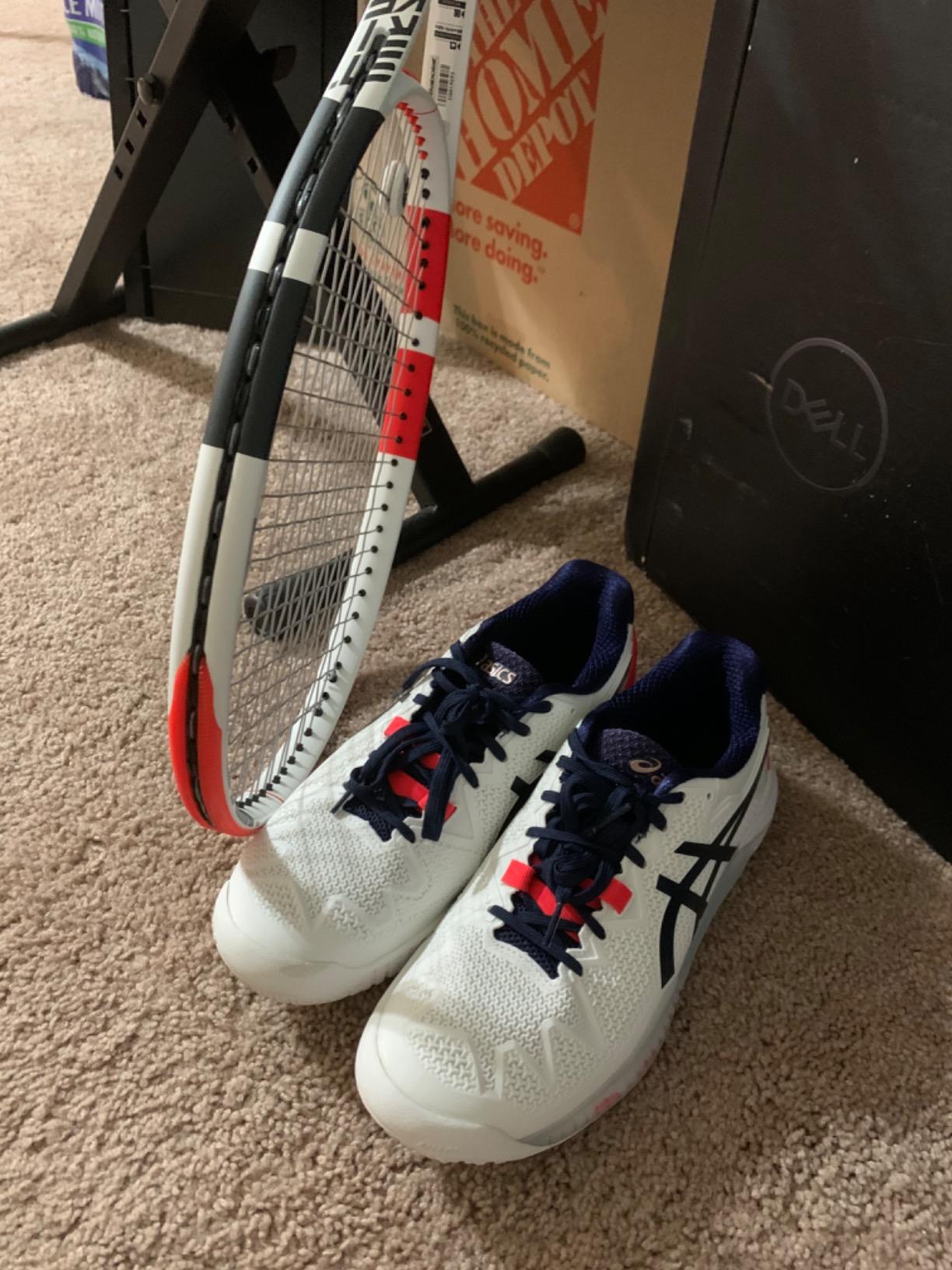 Side profile of ASICS Women's Gel-Resolution 8 showing DYNAWRAP technology and supportive upper structure