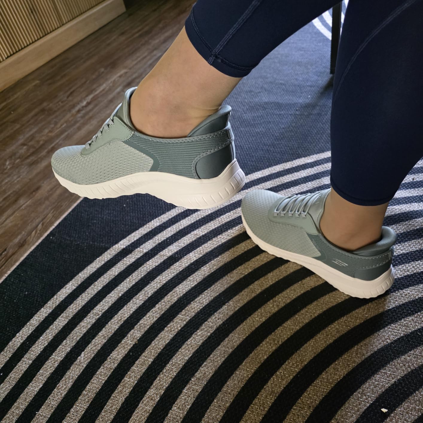 Close-up of Skechers Bobs Squad Chaos engineered knit upper and stretch laces — the laces are decorative only