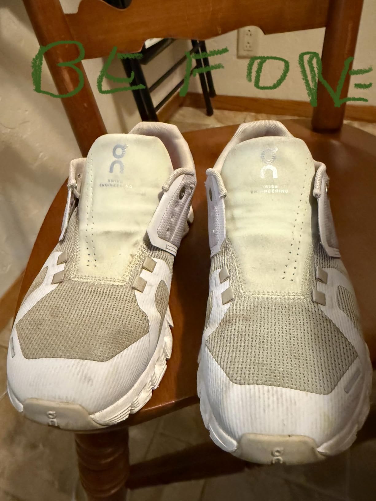 Multiple pairs of athletic shoes including running and training sneakers showing before and after cleaning comparison