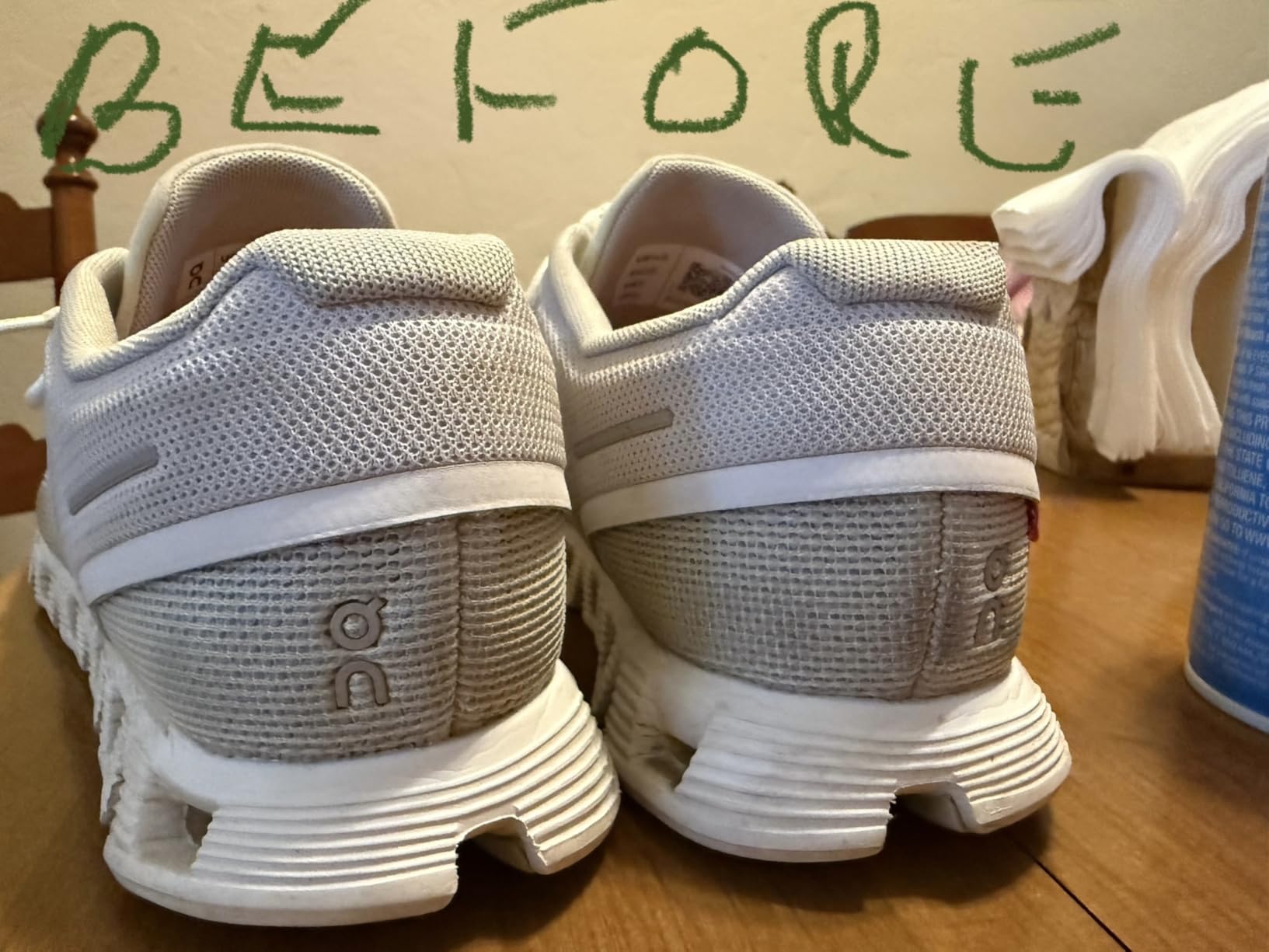 Children's shoes heavily covered in playground dirt transformed to clean condition after treatment