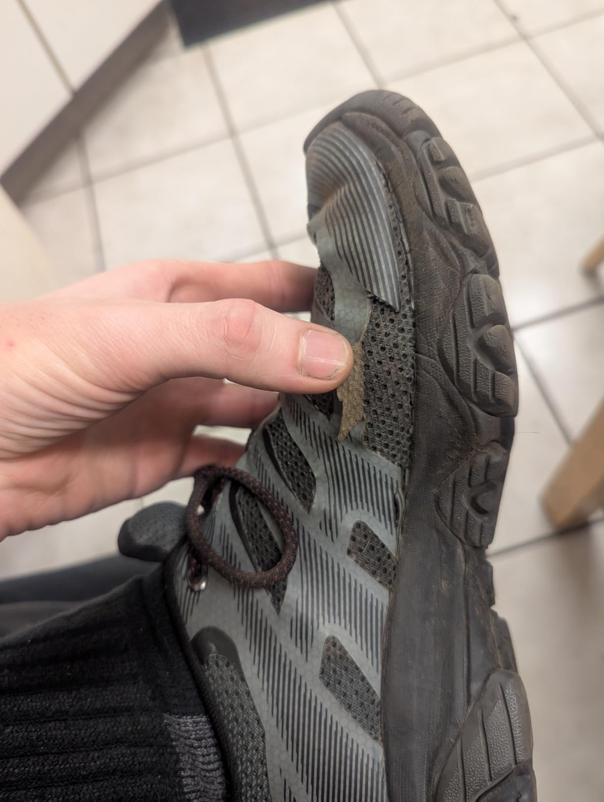 Merrell Men's Moab 3 Edge hiking shoe in gray colorway showing mesh and TPU upper construction