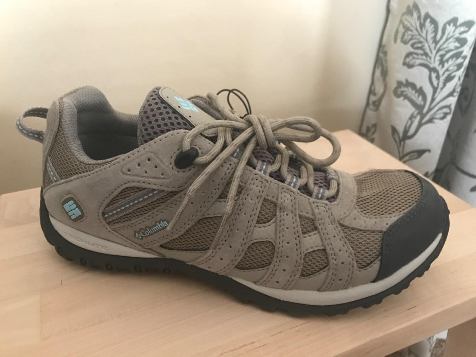 Close-up of Columbia Redmond Waterproof hiking shoe lacing system and suede mesh upper construction detail