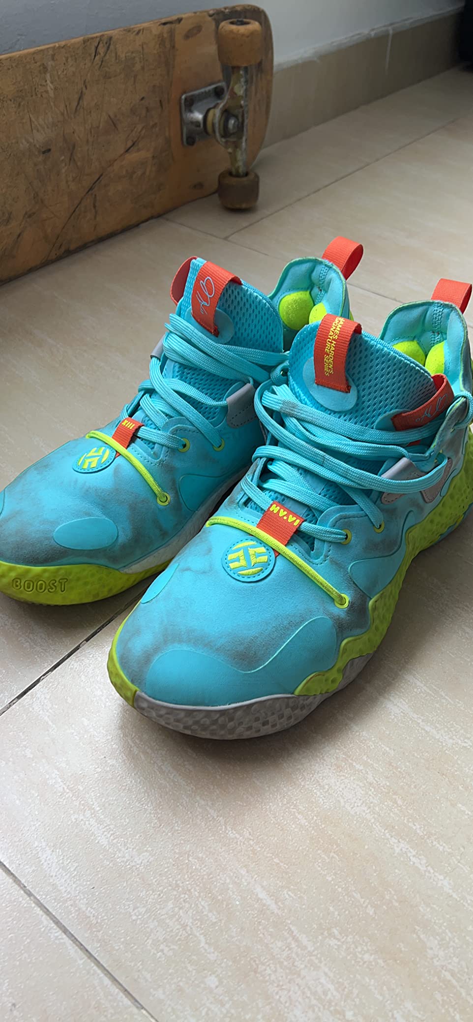 Adidas Harden Vol. 6 basketball shoe in black and white colorway, high-top silhouette with Boost midsole visible