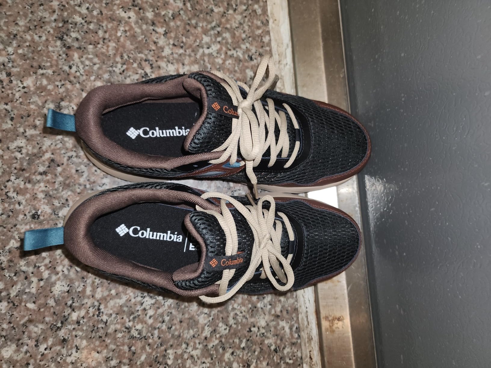 Columbia Plateau shoe construction detail showing breathable textile upper and synthetic overlay design features