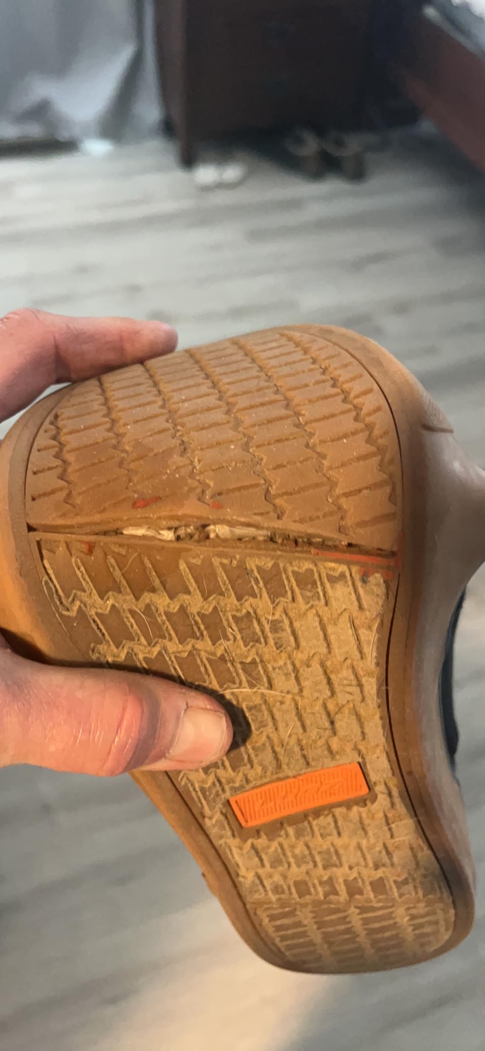 Multiple customer documentation photos showing identical Lugz Lear sole failure pattern confirming systematic construction issue