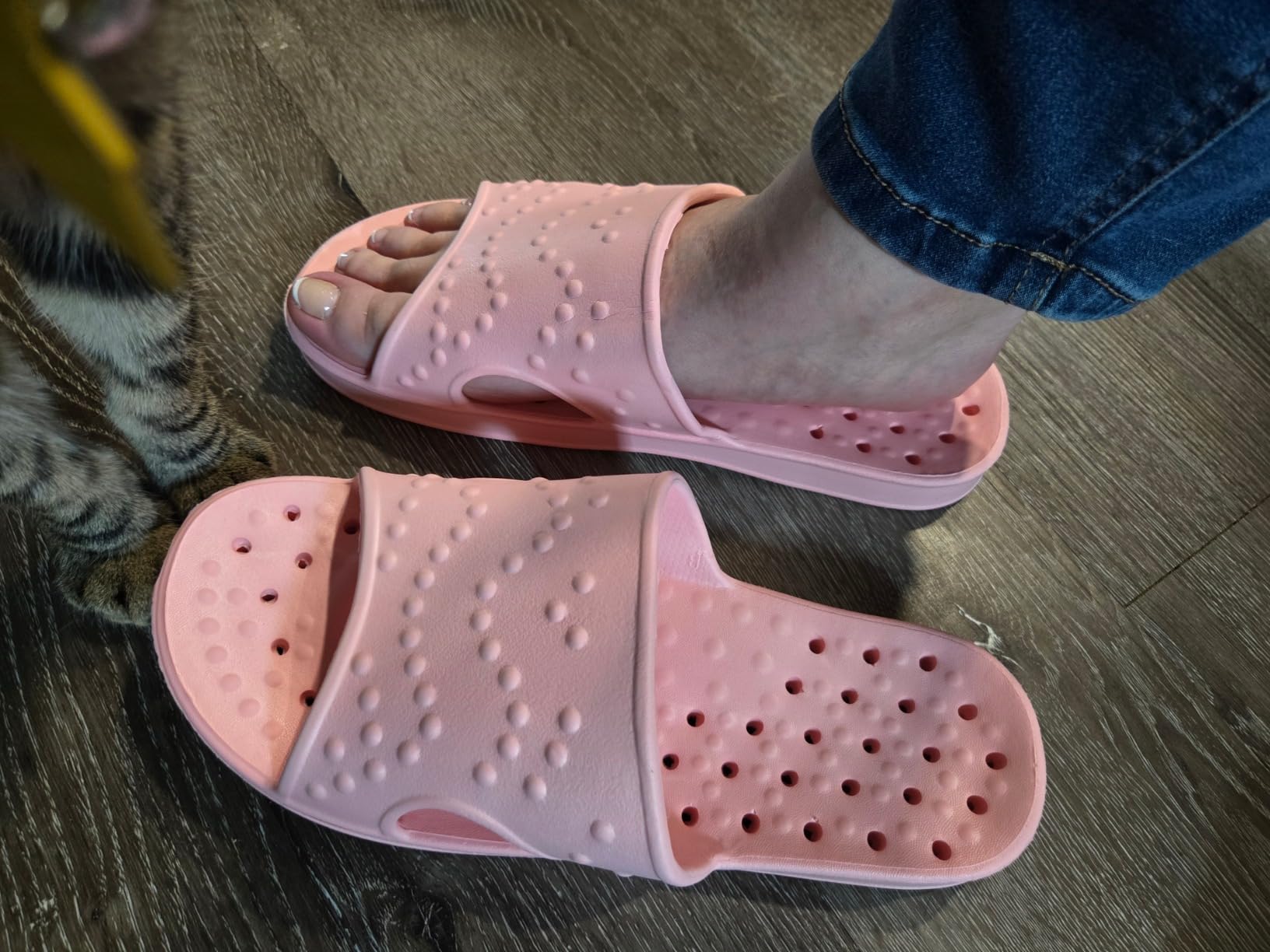 shevalues shower shoes being worn on foot showing fit proportion and slip-on design