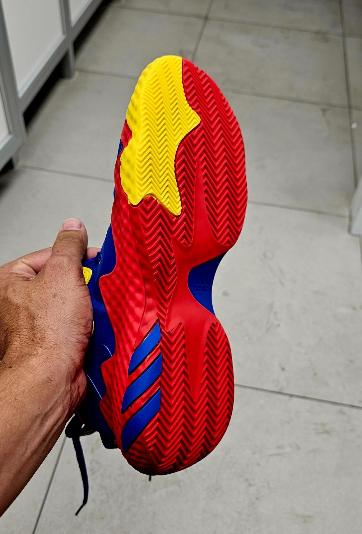 Adidas Harden Vol. 6 outsole showing herringbone traction pattern and hard rubber compound detail