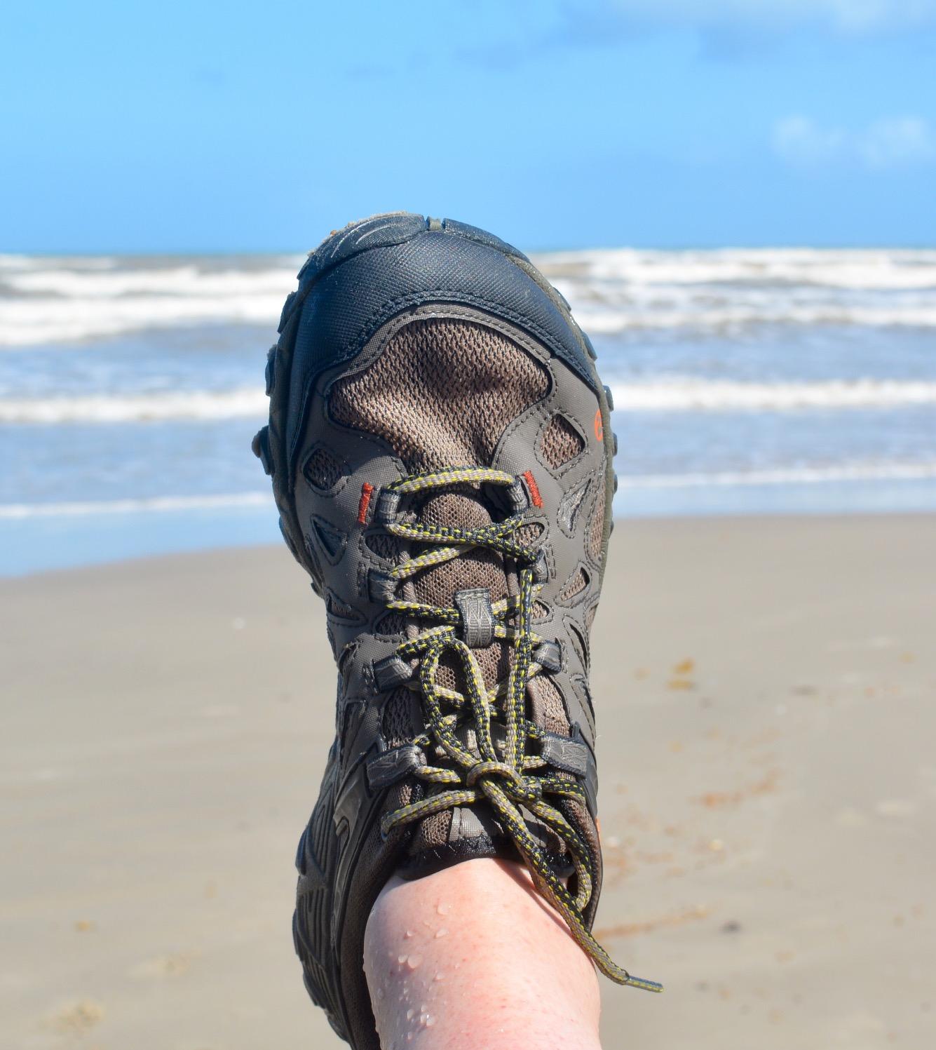 Side profile of Merrell All Out Blaze Aero Sport showing ankle flexibility and low-cut design