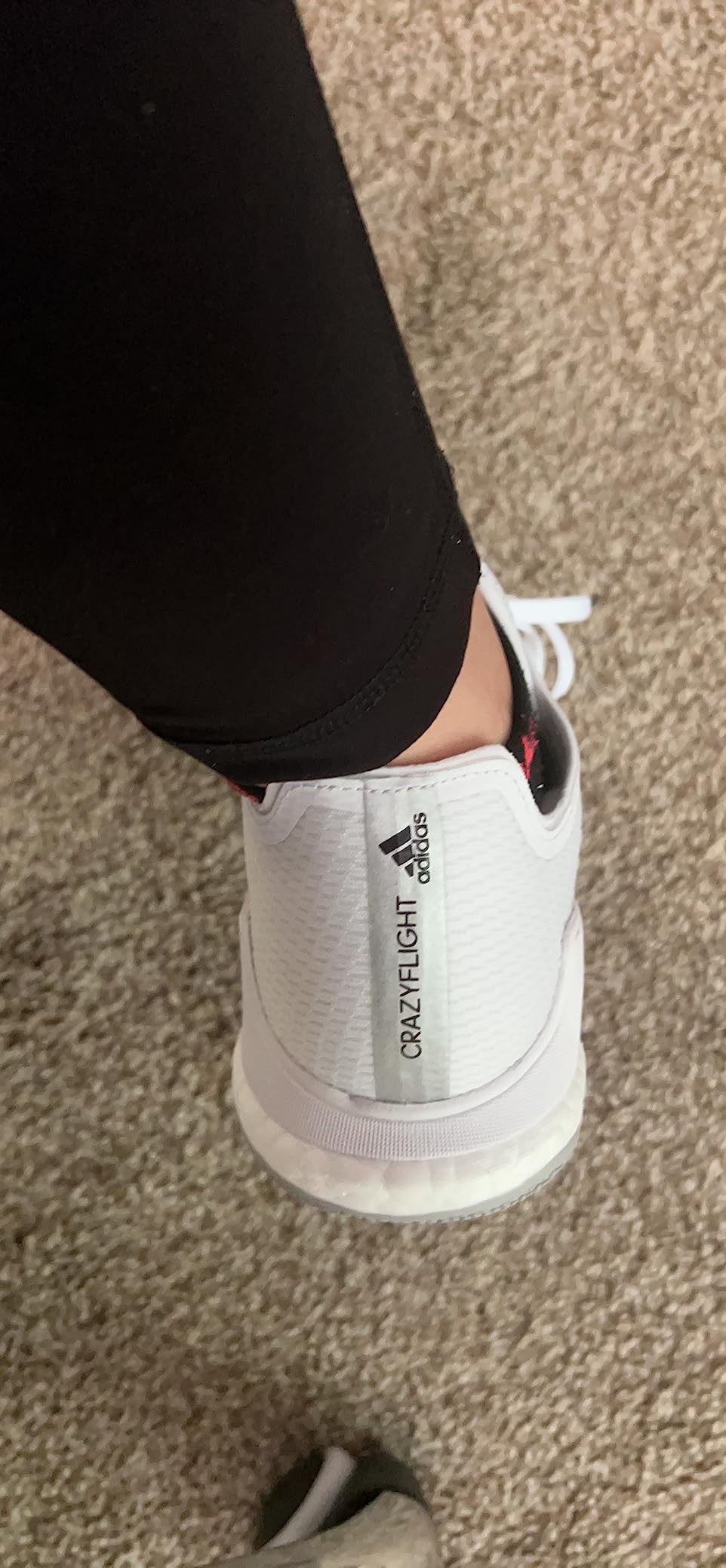 Adidas Crazyflight heel area showing BOOST midsole cushioning technology and ankle support design