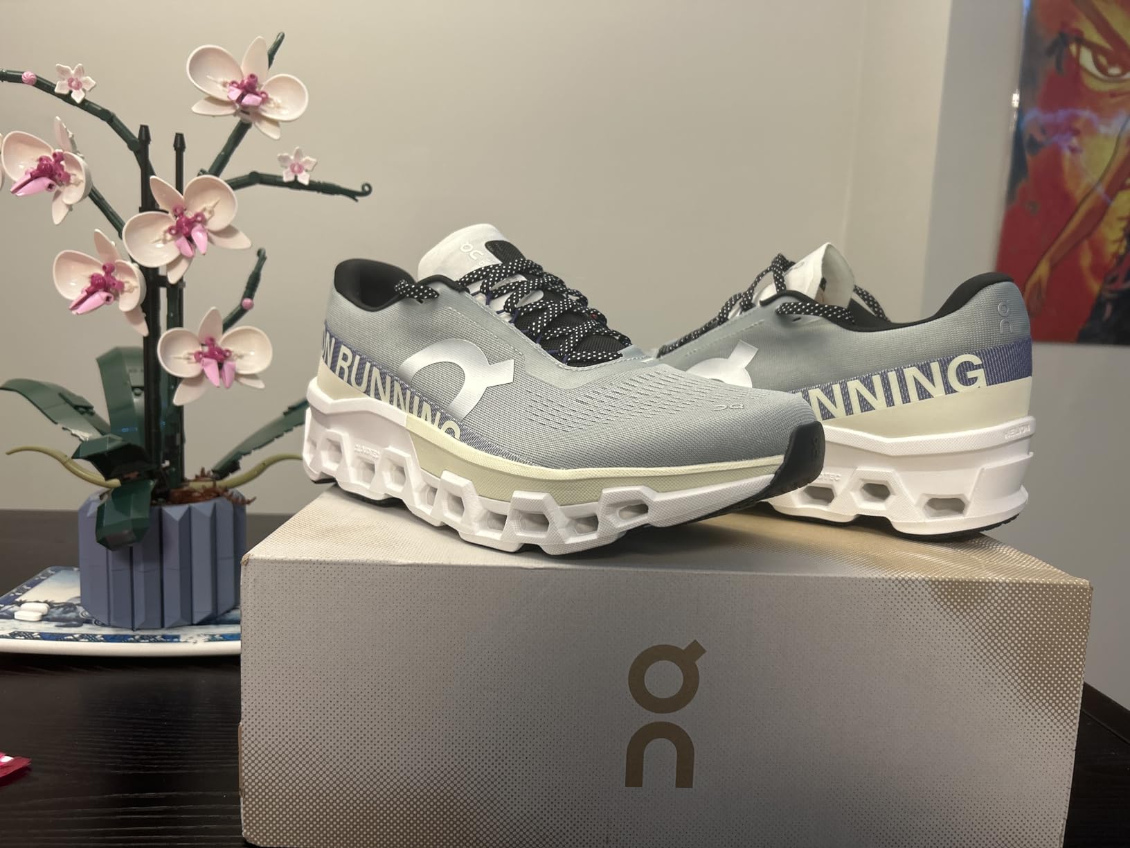 On Men's Cloudmonster running shoe showing the distinctive CloudTec cushioning system and engineered mesh upper
