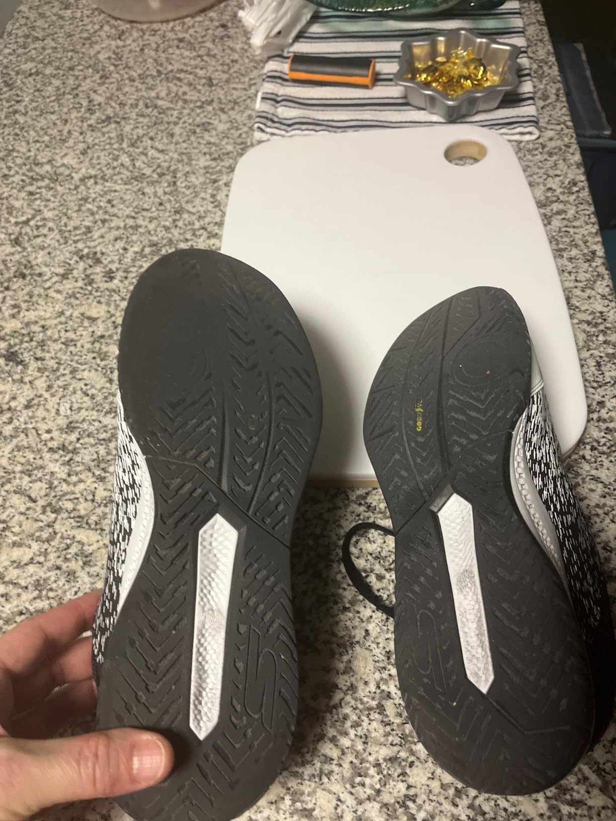 Goodyear rubber outsole pattern on Skechers Viper Court showing herringbone traction design for indoor and outdoor courts