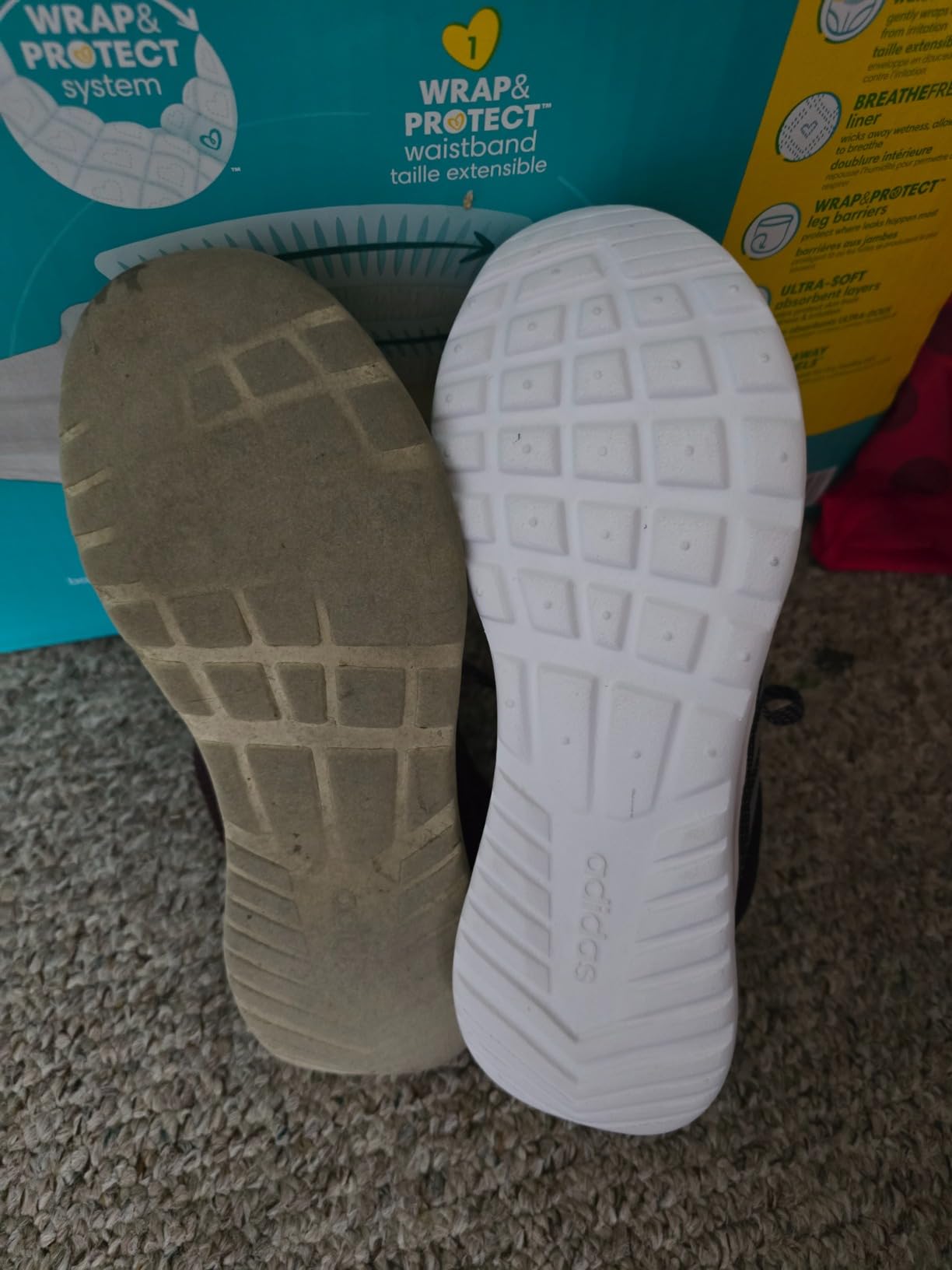 Adidas Cloudfoam Pure sole and midsole view showing cushioning structure and rubber outsole after extended use
