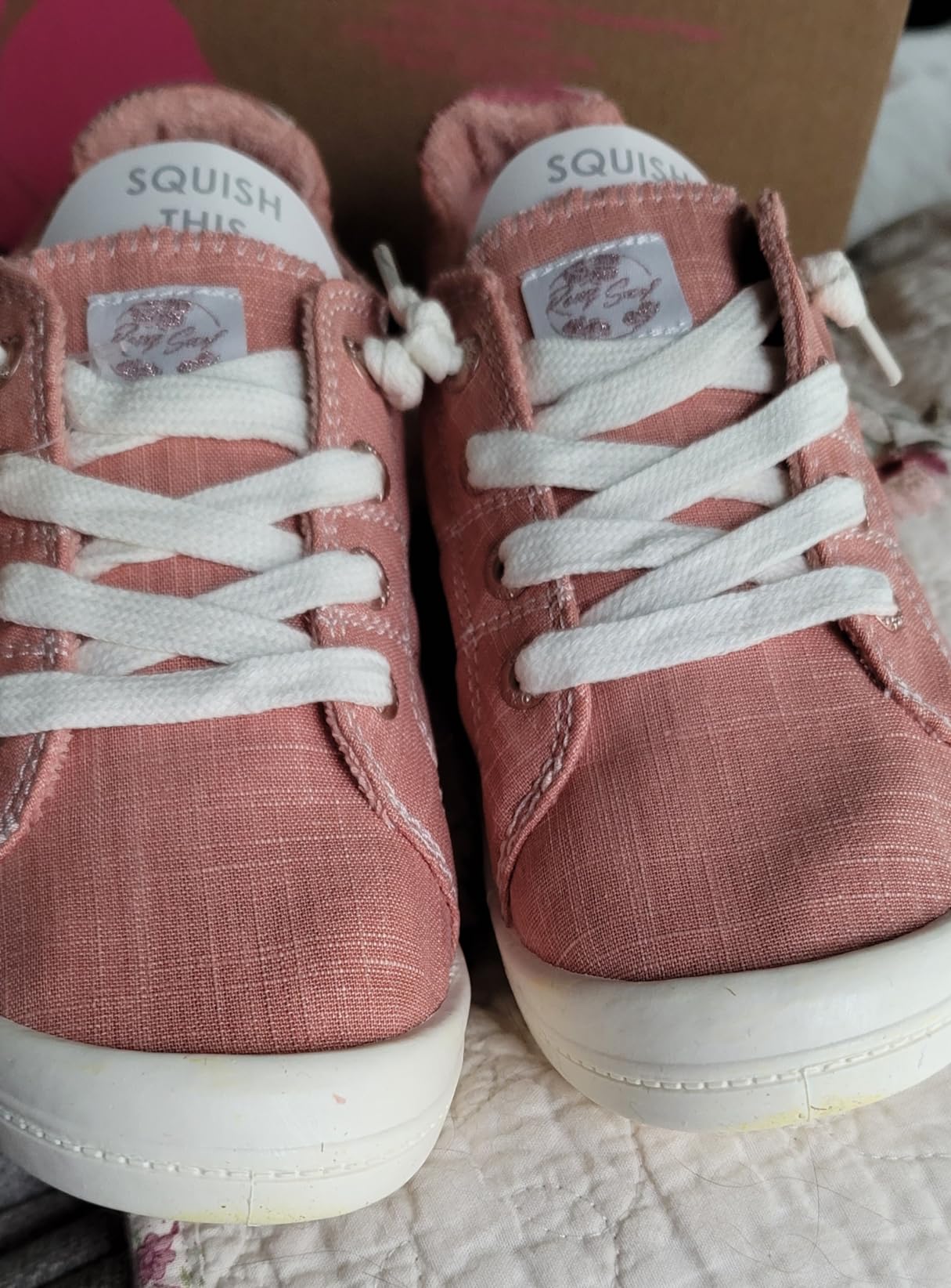 Detailed construction view of Roxy Rory materials and build quality showing textile upper and memory foam insole