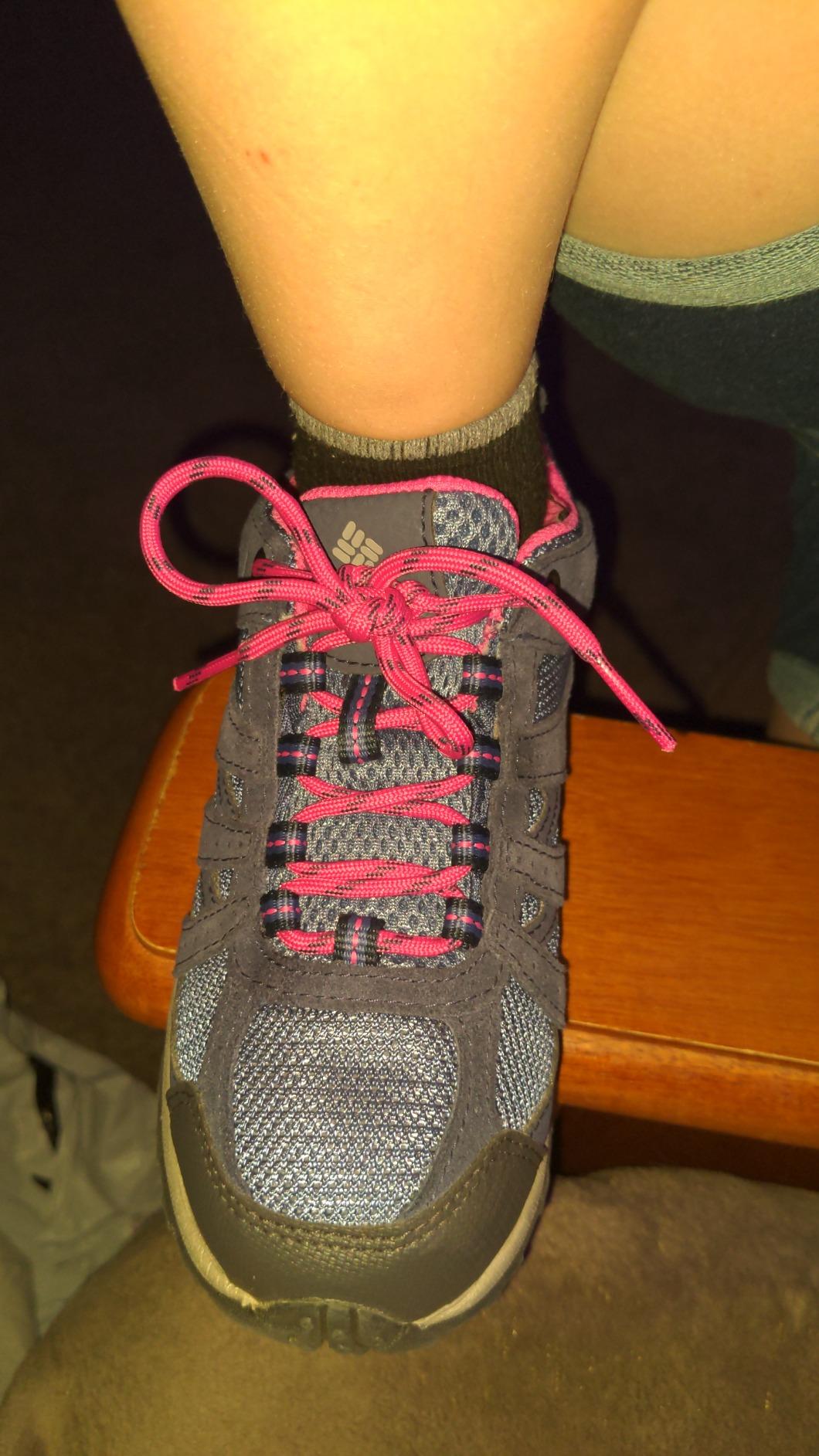 Columbia Redmond lacing detail showing steel grommet aglets and traditional lace system