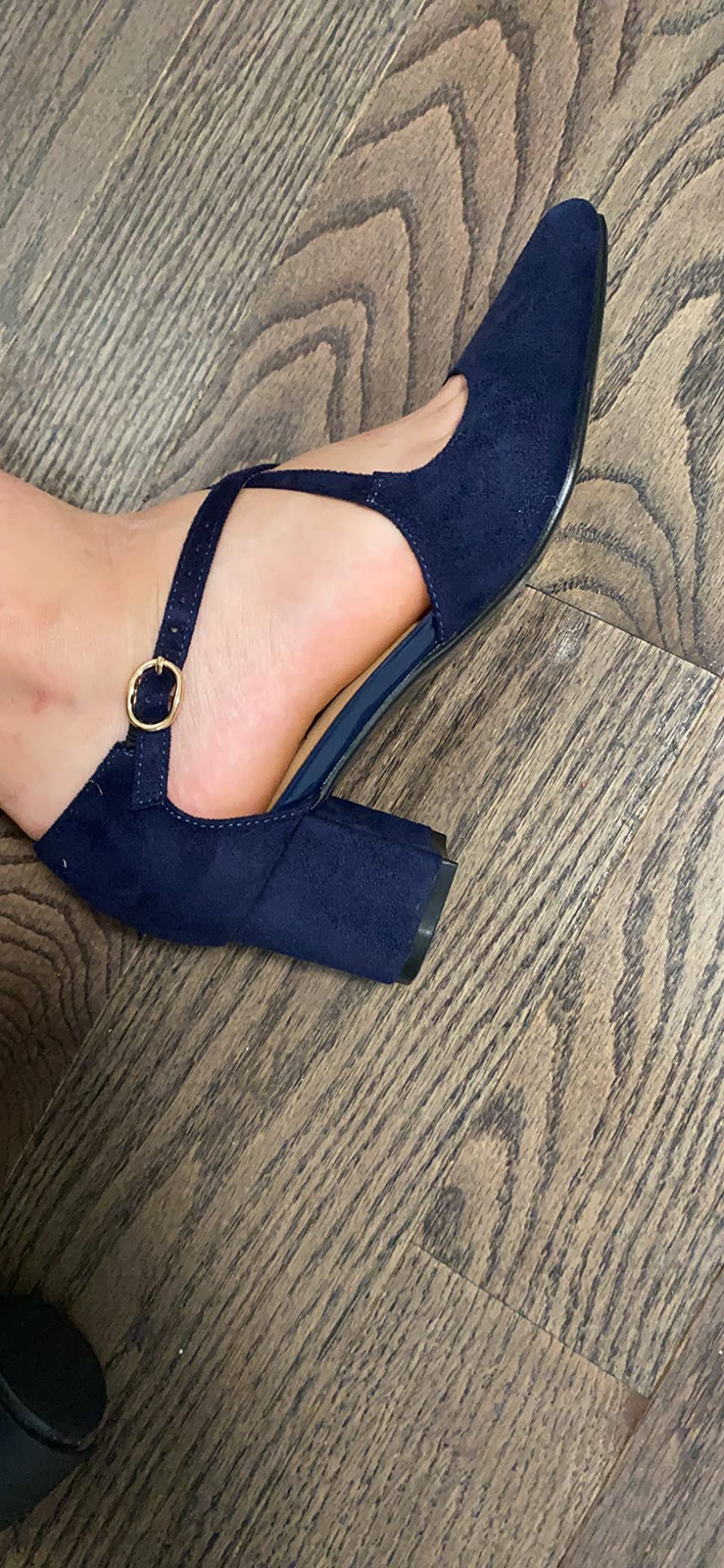 IDIFU Lynn pumps blue suede colorway worn showing foot placement and strap adjustment