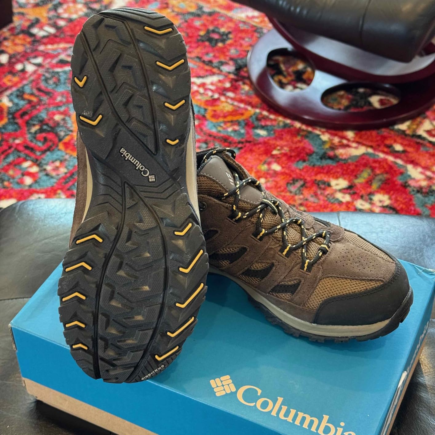 Detailed view of Columbia Crestwood Men's hiking shoe showing reinforced webbing eyelets and construction details