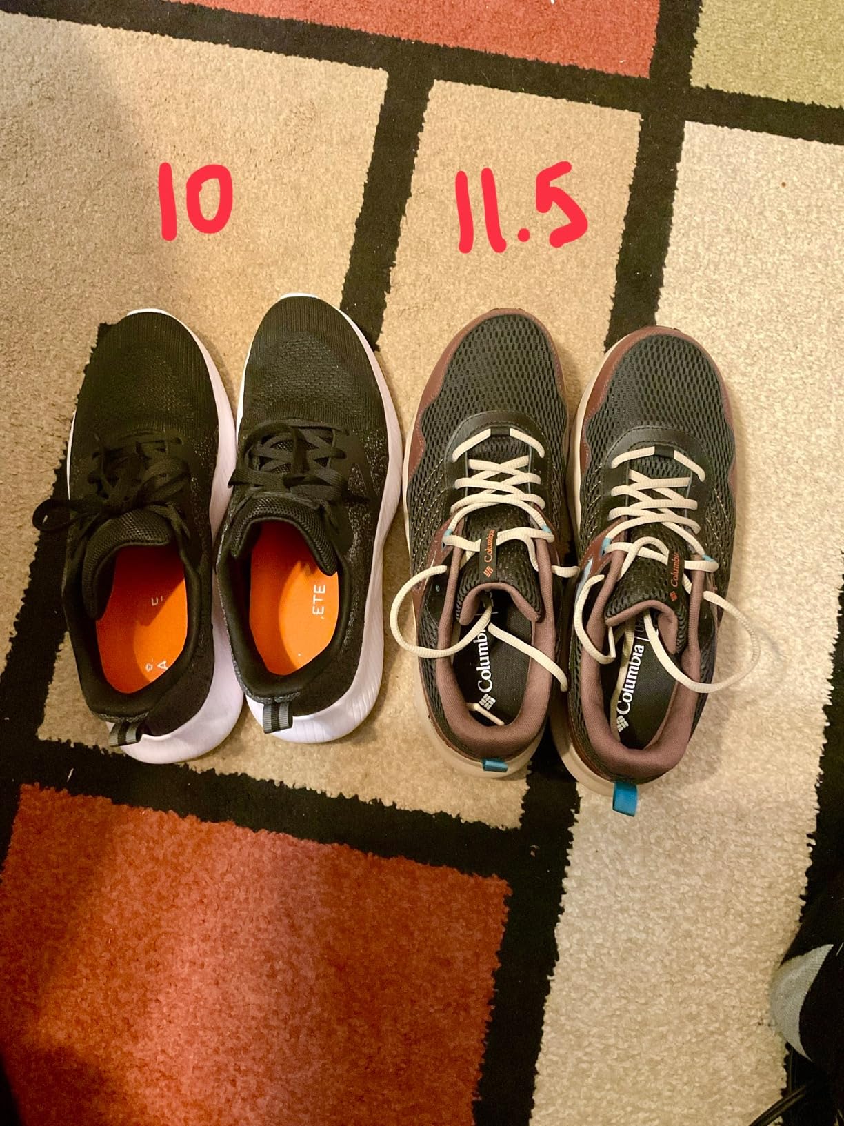Size comparison showing Columbia Plateau 11.5 Wide next to Nike 9.5 demonstrating the significant sizing variance