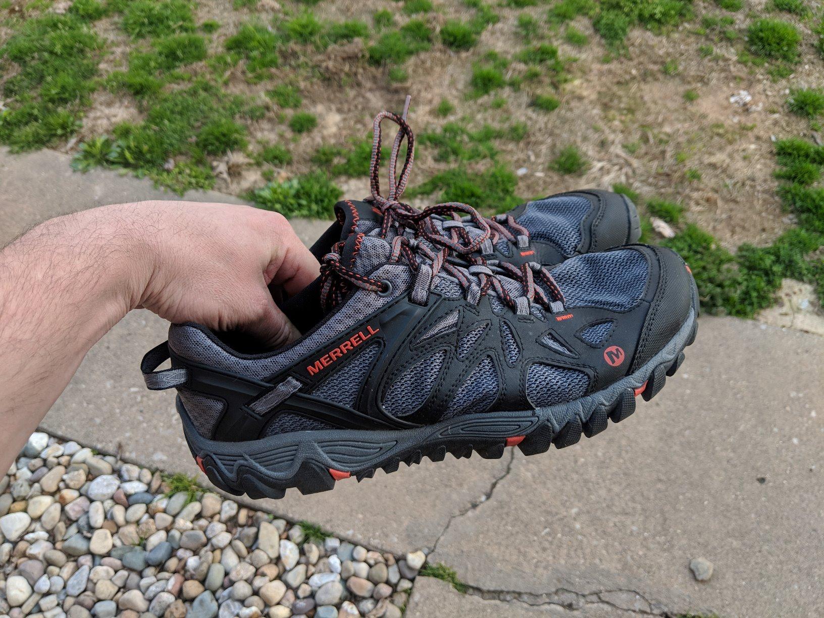 Merrell All Out Blaze Aero Sport men's hiking water shoe product shot showing mesh upper and Vibram sole