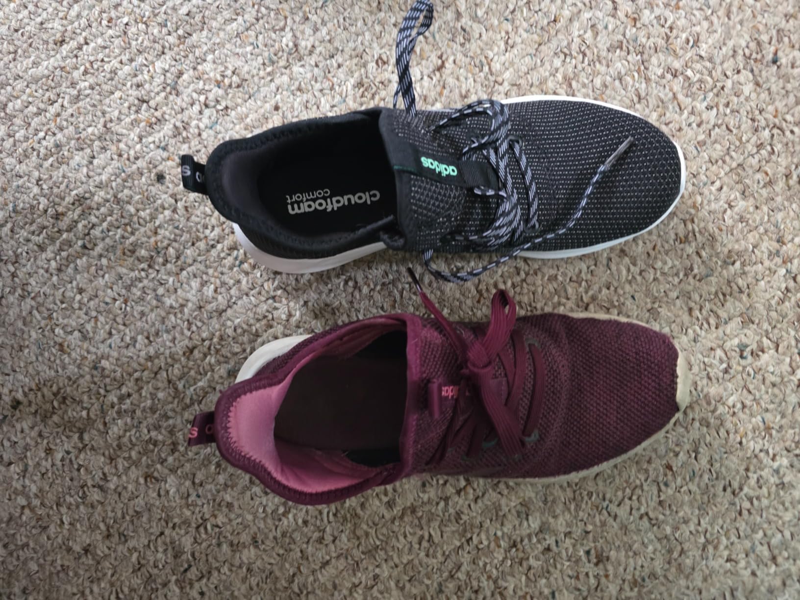 Adidas Cloudfoam Pure shoes worn during various daily activities including school pickup and grocery runs