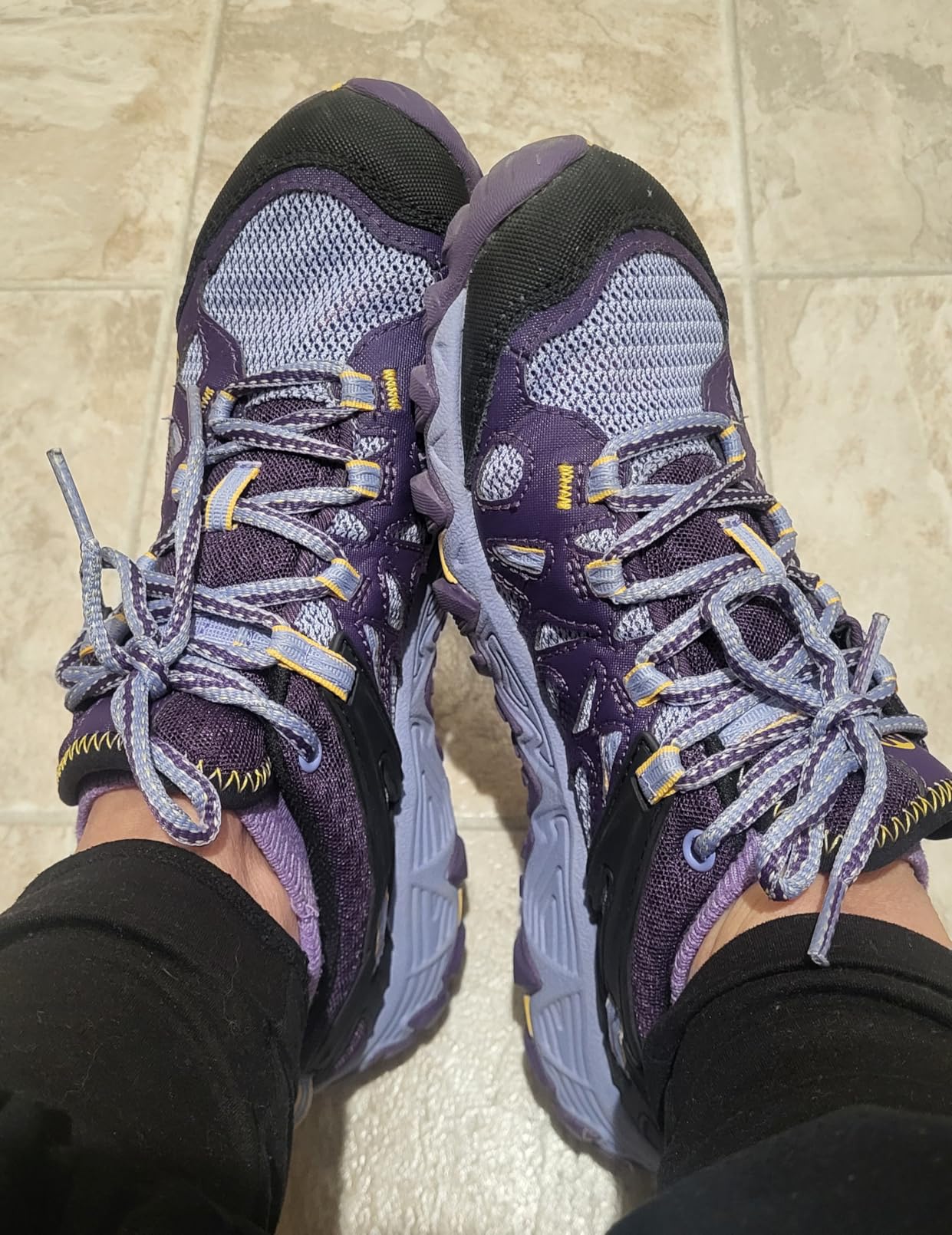 Close-up view of Merrell All Out Blaze Aero Sport mesh upper construction and Omni-Fit lacing system detail